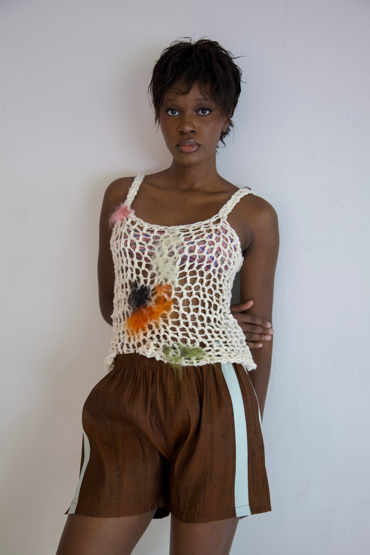 NR Blur Brushed One-of-a-kind Crocheted Mohair Spots Organic Cotton Net Tank
