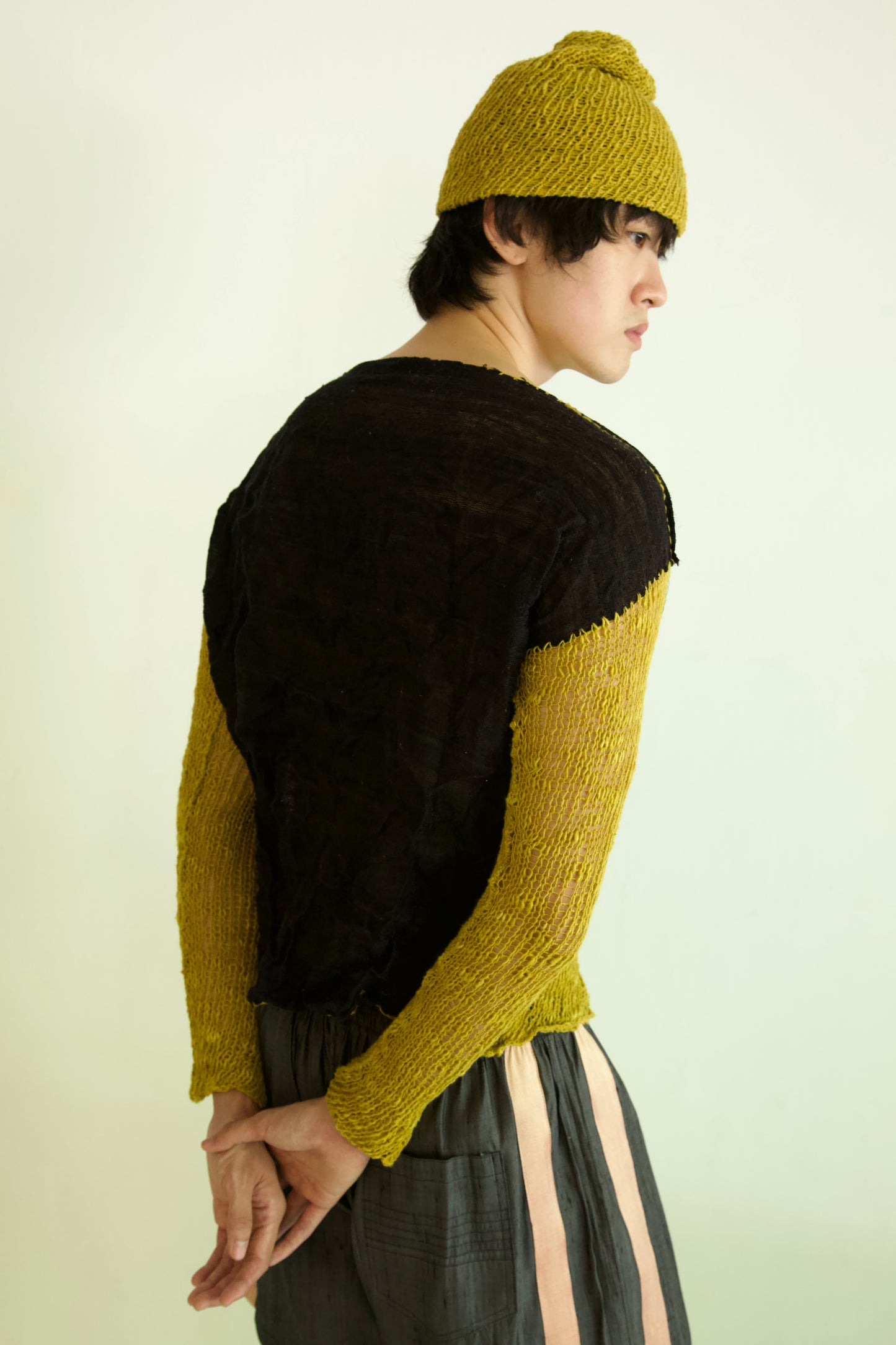 Debris Unisex Knit Hand-Spun Cotton + Hand-Woven Thai Silk Scarf Long Sleeve Tee & Beanie Set (soup)