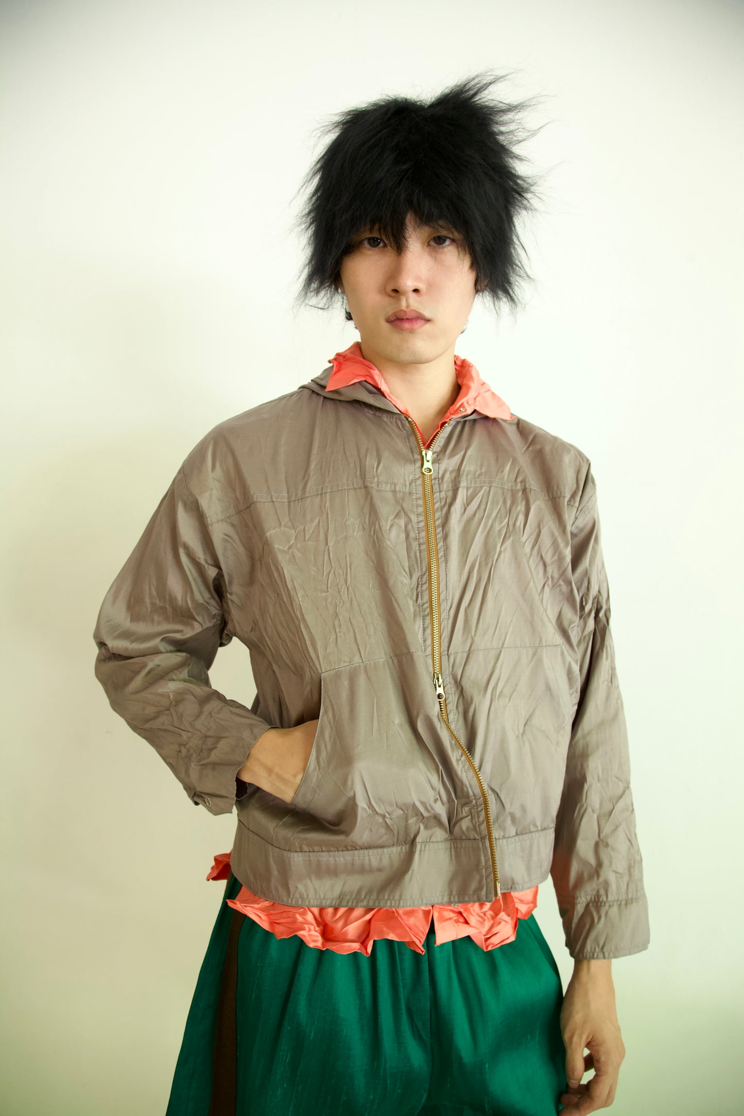 Crumpled Thai Silk Double Zip Unisex Snap Hoodie (ash)