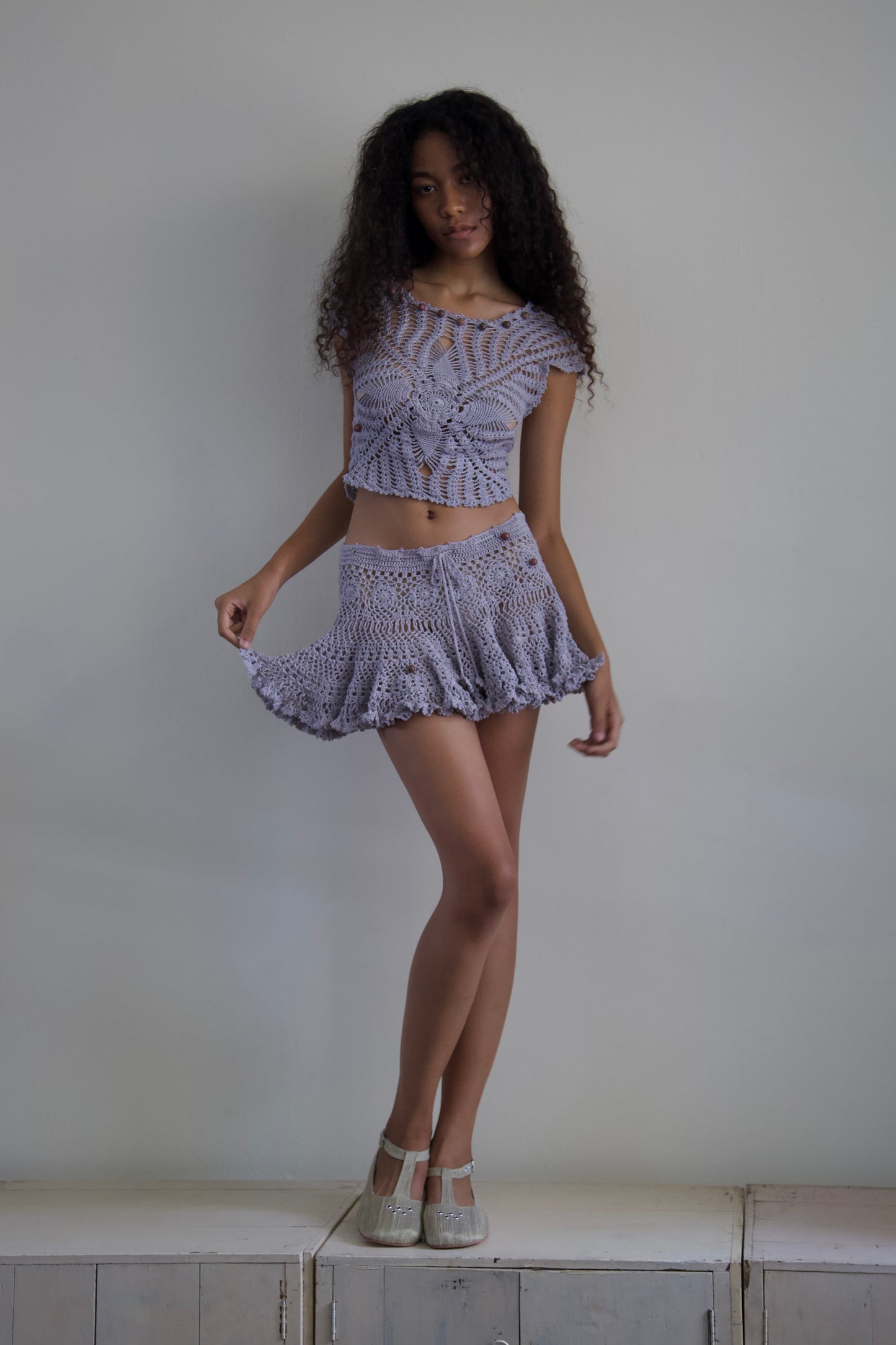 Debris Stone Beaded Hand-Crochet Cotton Skirt / Tee Separates (4 colorways)