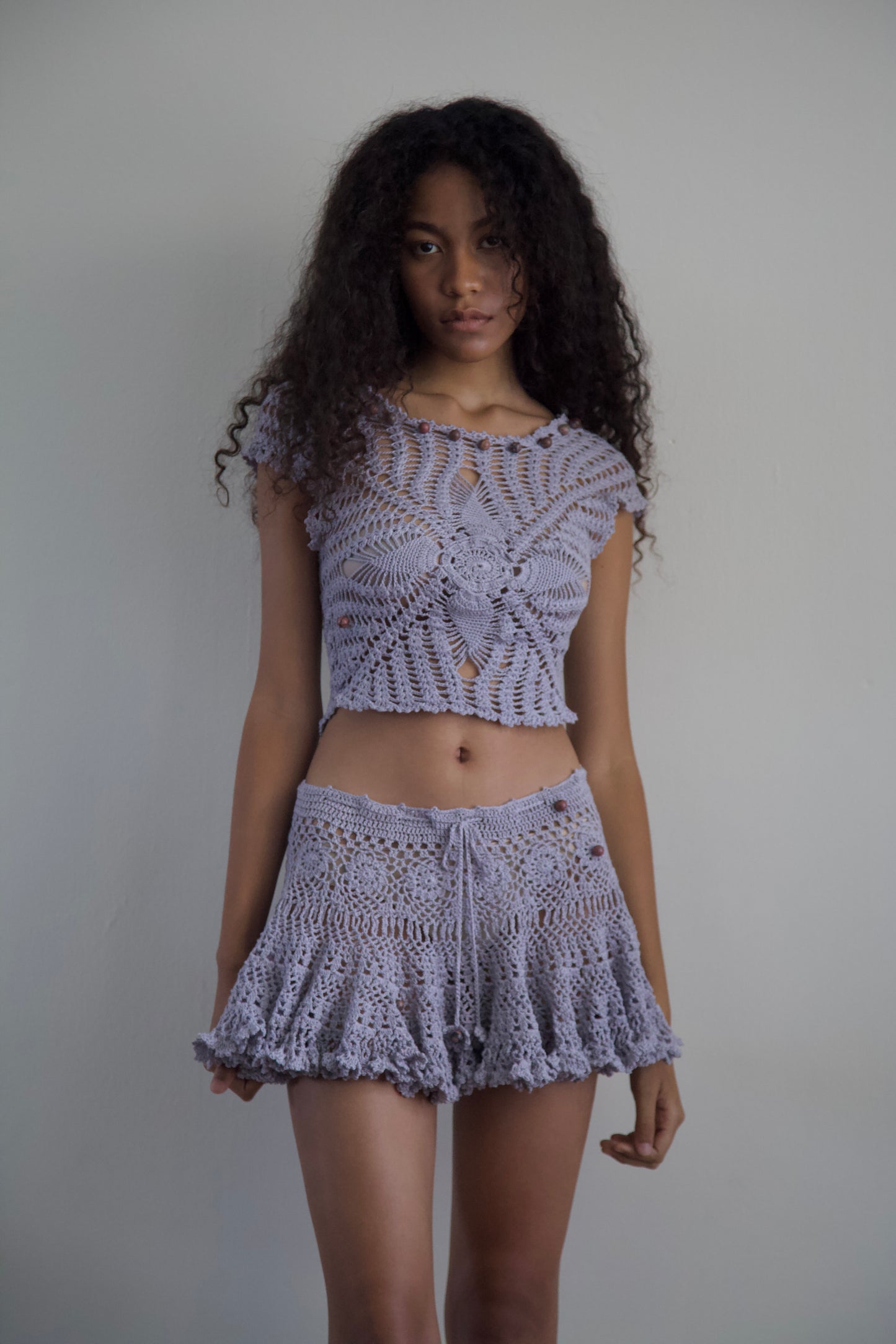 Debris Stone Beaded Hand-Crochet Cotton Skirt / Tee Separates (4 colorways)