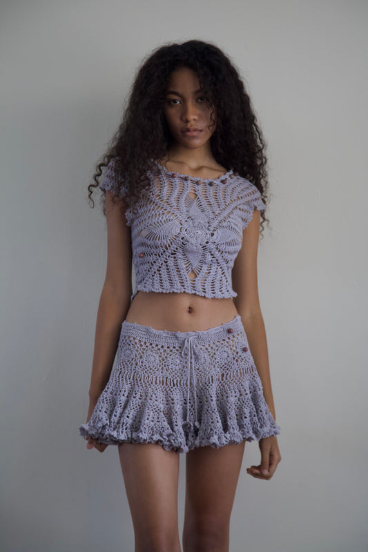 Debris Stone Beaded Hand-Crochet Cotton Skirt / Tee Separates (4 colorways)