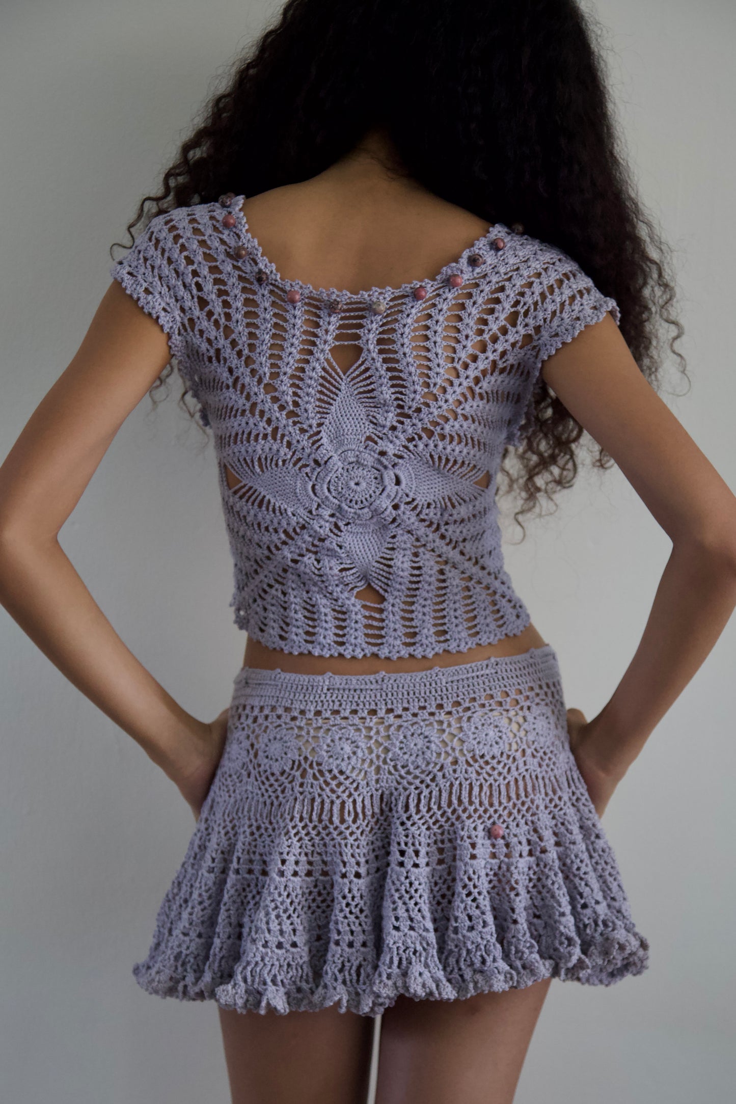 Debris Stone Beaded Hand-Crochet Cotton Skirt / Tee Separates (4 colorways)