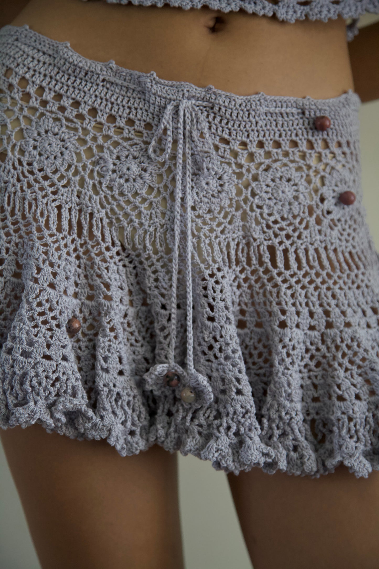 Debris Stone Beaded Hand-Crochet Cotton Skirt / Tee Separates (4 colorways)