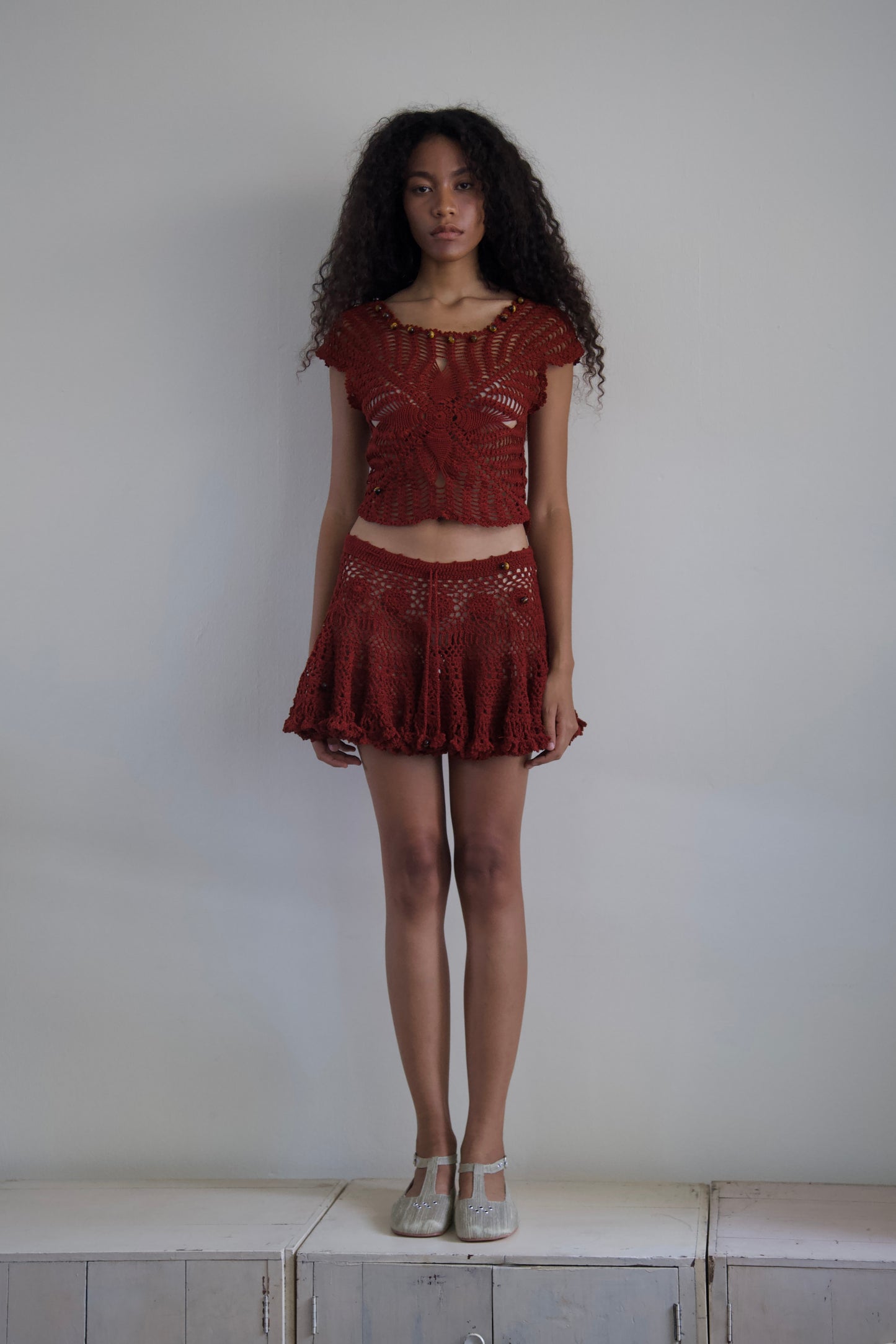 Debris Stone Beaded Hand-Crochet Cotton Skirt / Tee Separates (4 colorways)