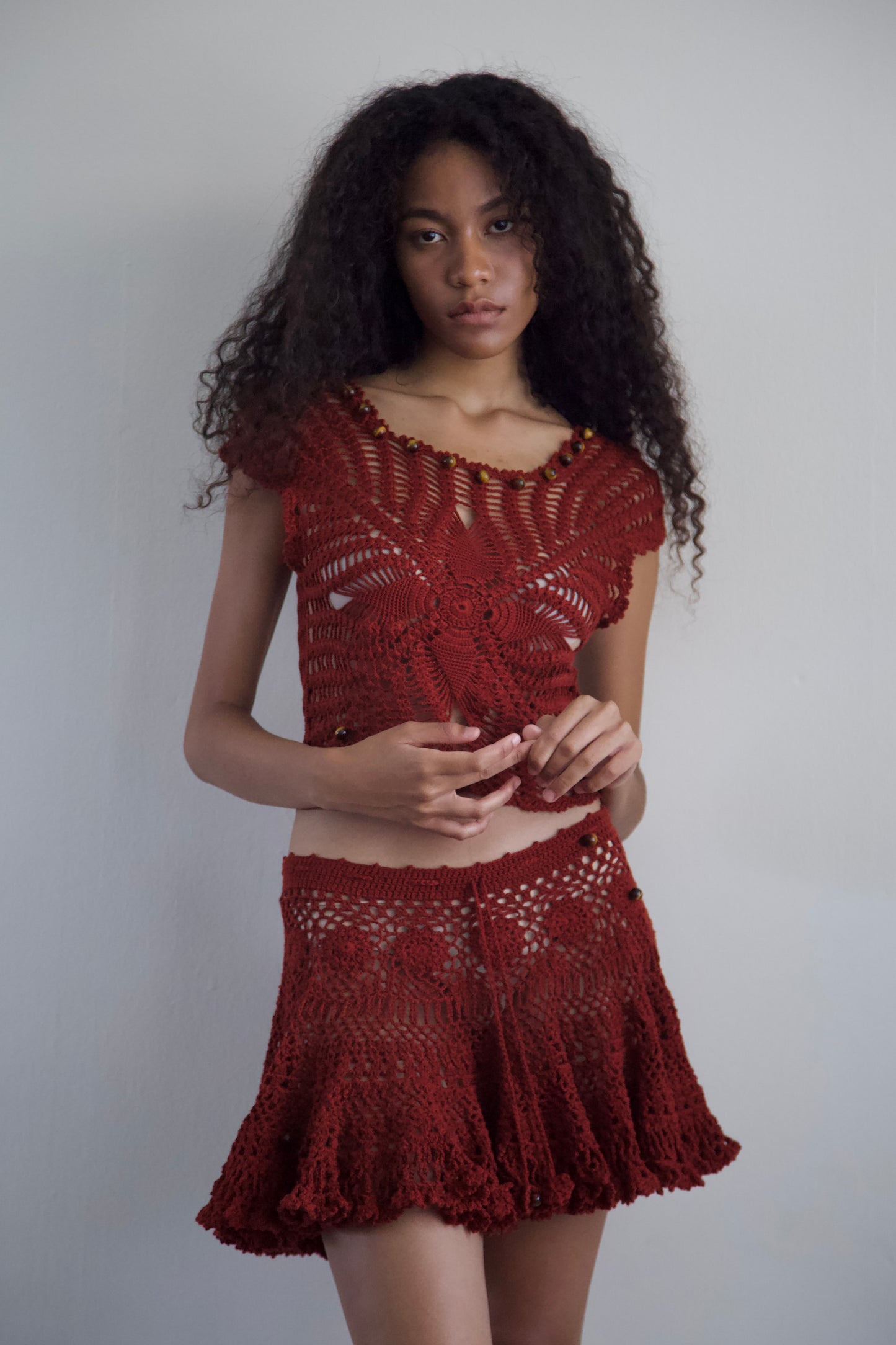 Debris Stone Beaded Hand-Crochet Cotton Skirt / Tee Separates (4 colorways)