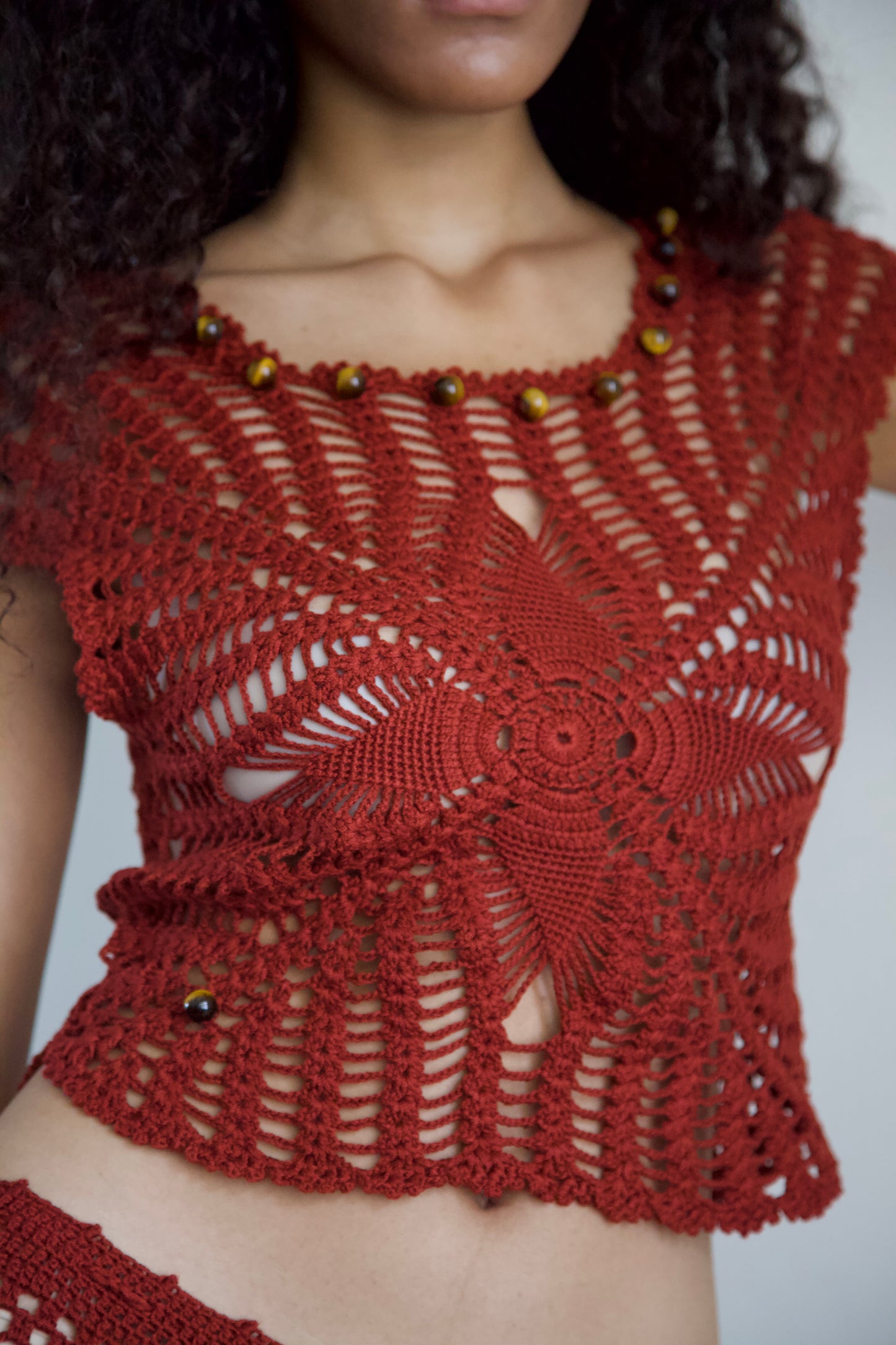 Debris Stone Beaded Hand-Crochet Cotton Skirt / Tee Separates (4 colorways)