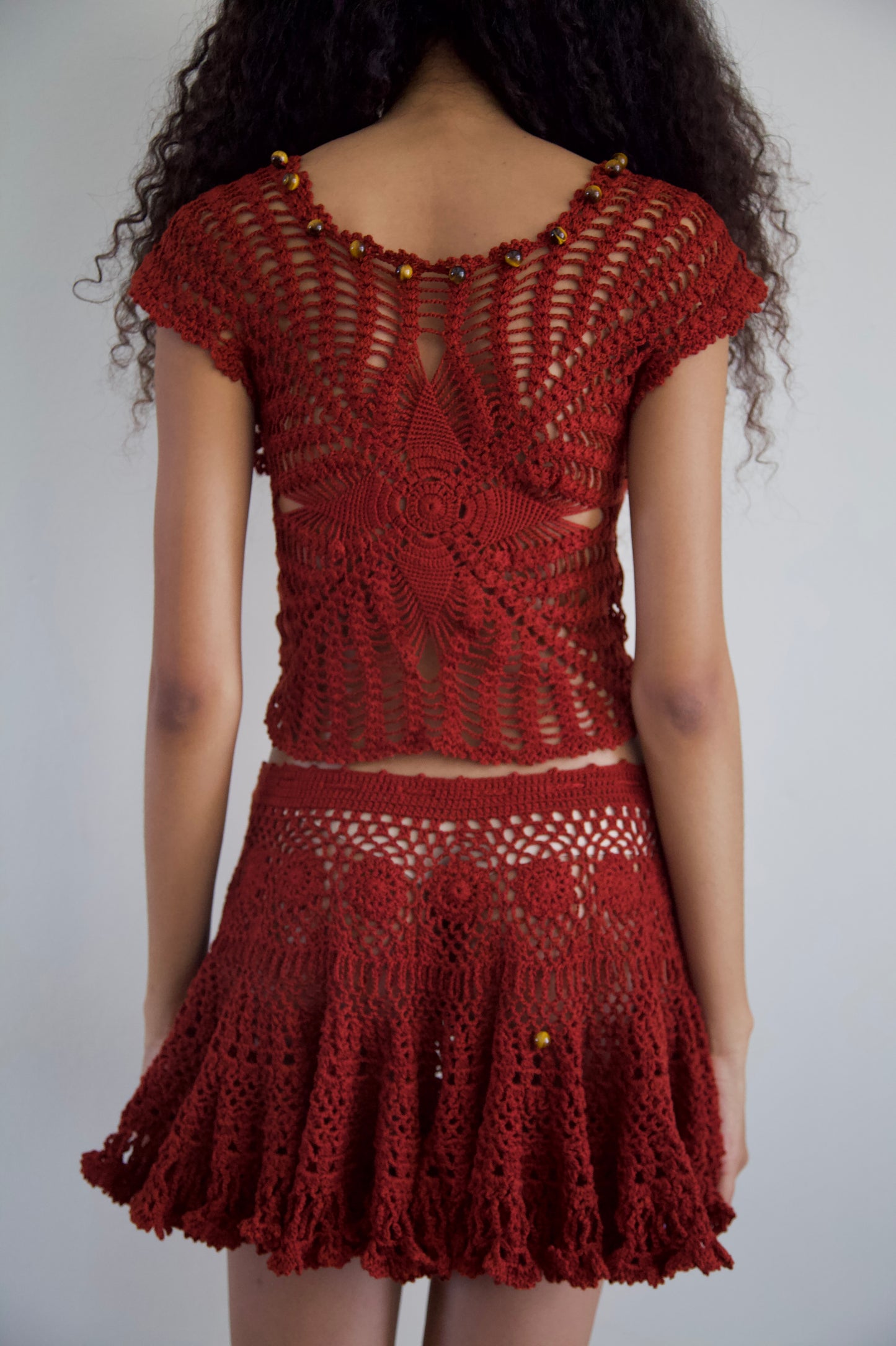 Debris Stone Beaded Hand-Crochet Cotton Skirt / Tee Separates (4 colorways)