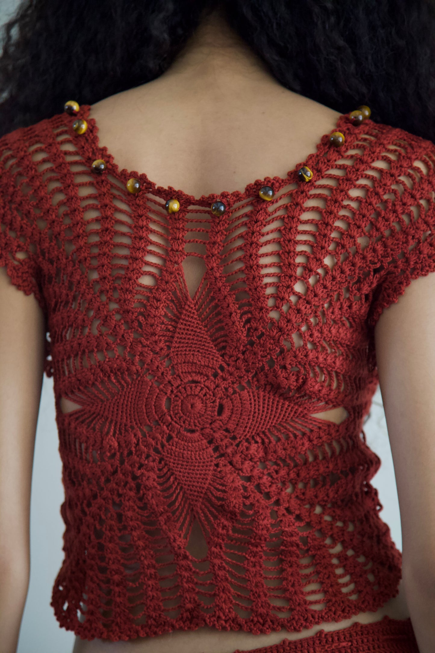 Debris Stone Beaded Hand-Crochet Cotton Skirt / Tee Separates (4 colorways)