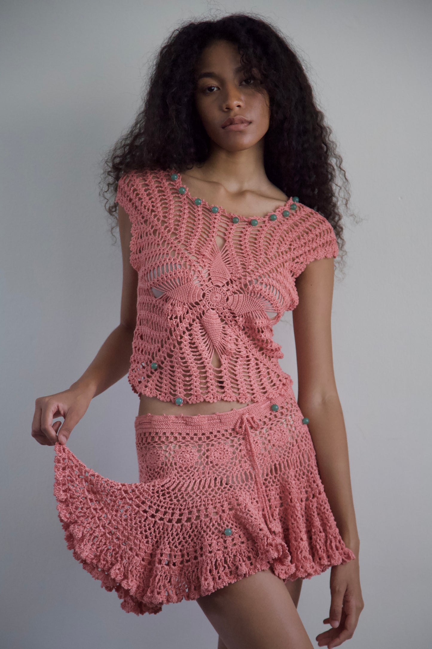 Debris Stone Beaded Hand-Crochet Cotton Skirt / Tee Separates (4 colorways)