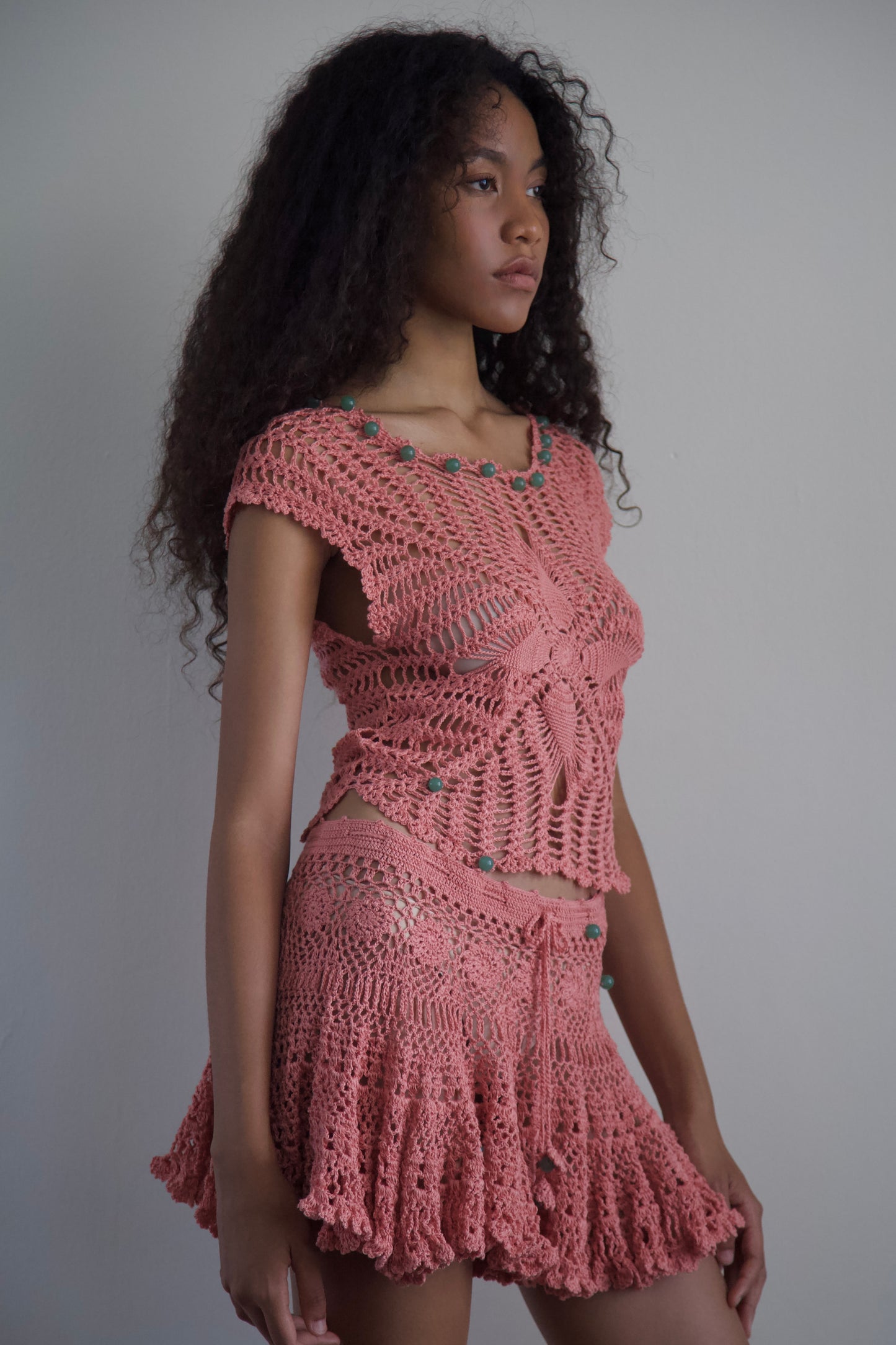 Debris Stone Beaded Hand-Crochet Cotton Skirt / Tee Separates (4 colorways)