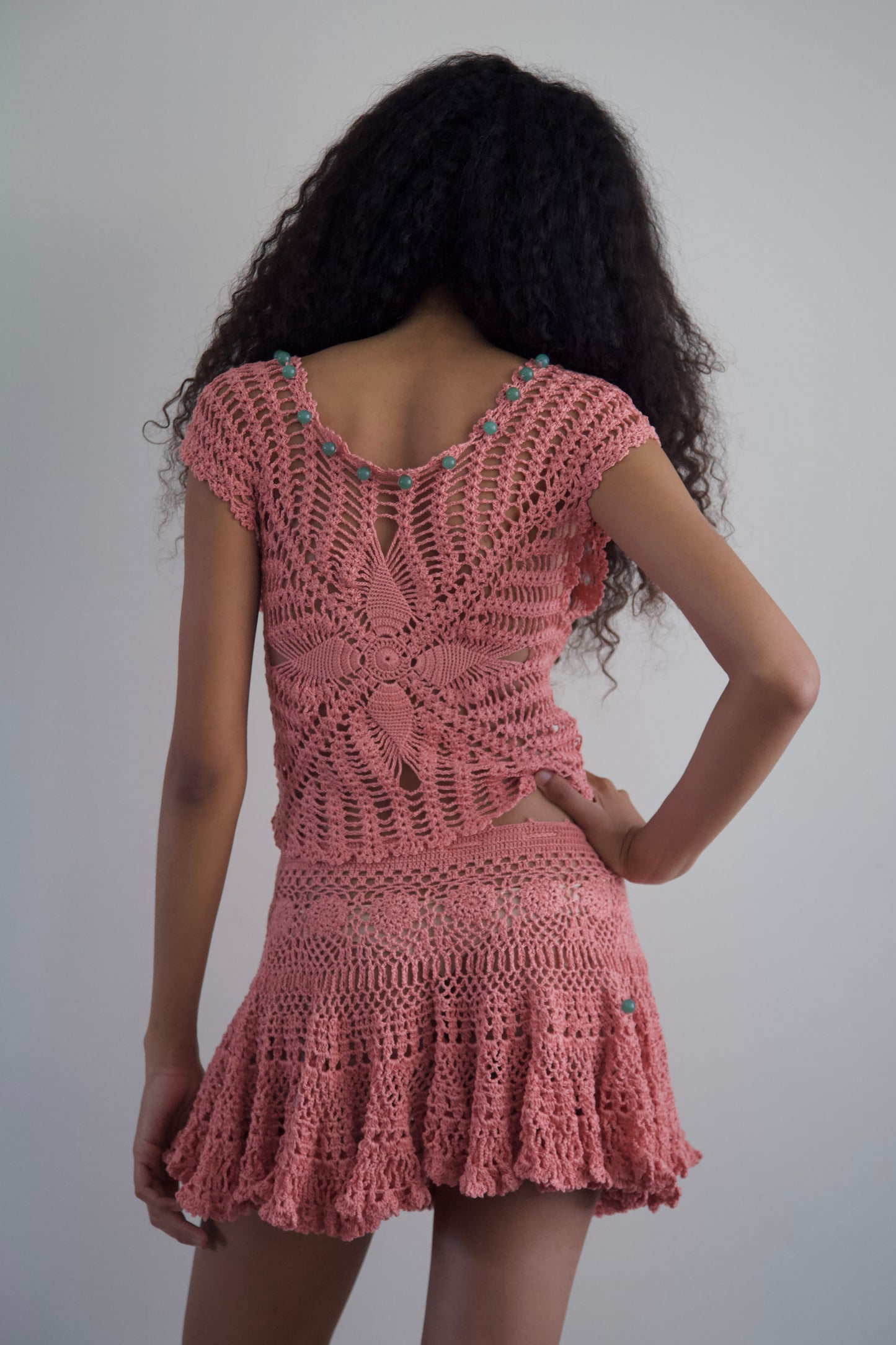 Debris Stone Beaded Hand-Crochet Cotton Skirt / Tee Separates (4 colorways)