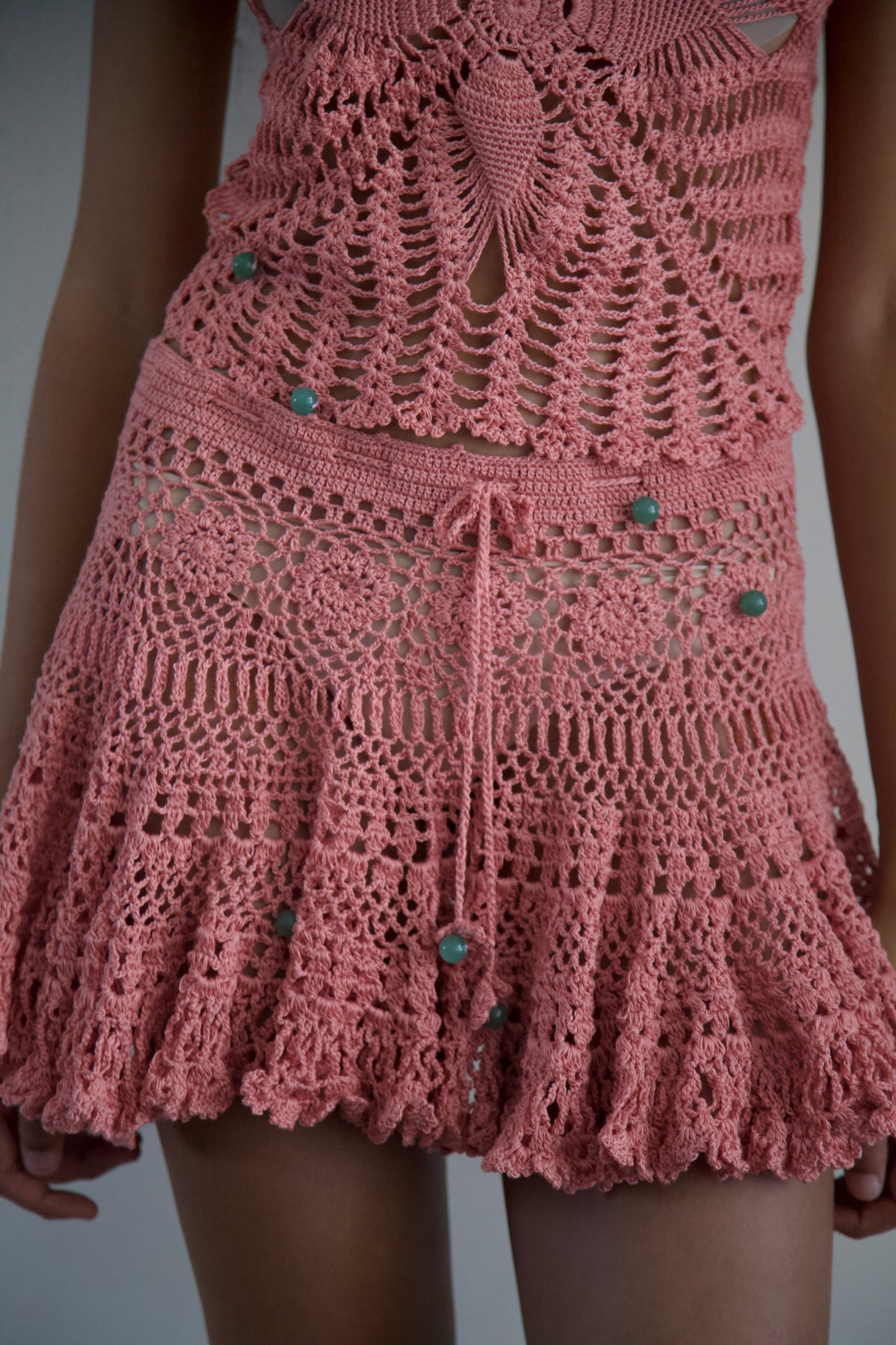 Debris Stone Beaded Hand-Crochet Cotton Skirt / Tee Separates (4 colorways)