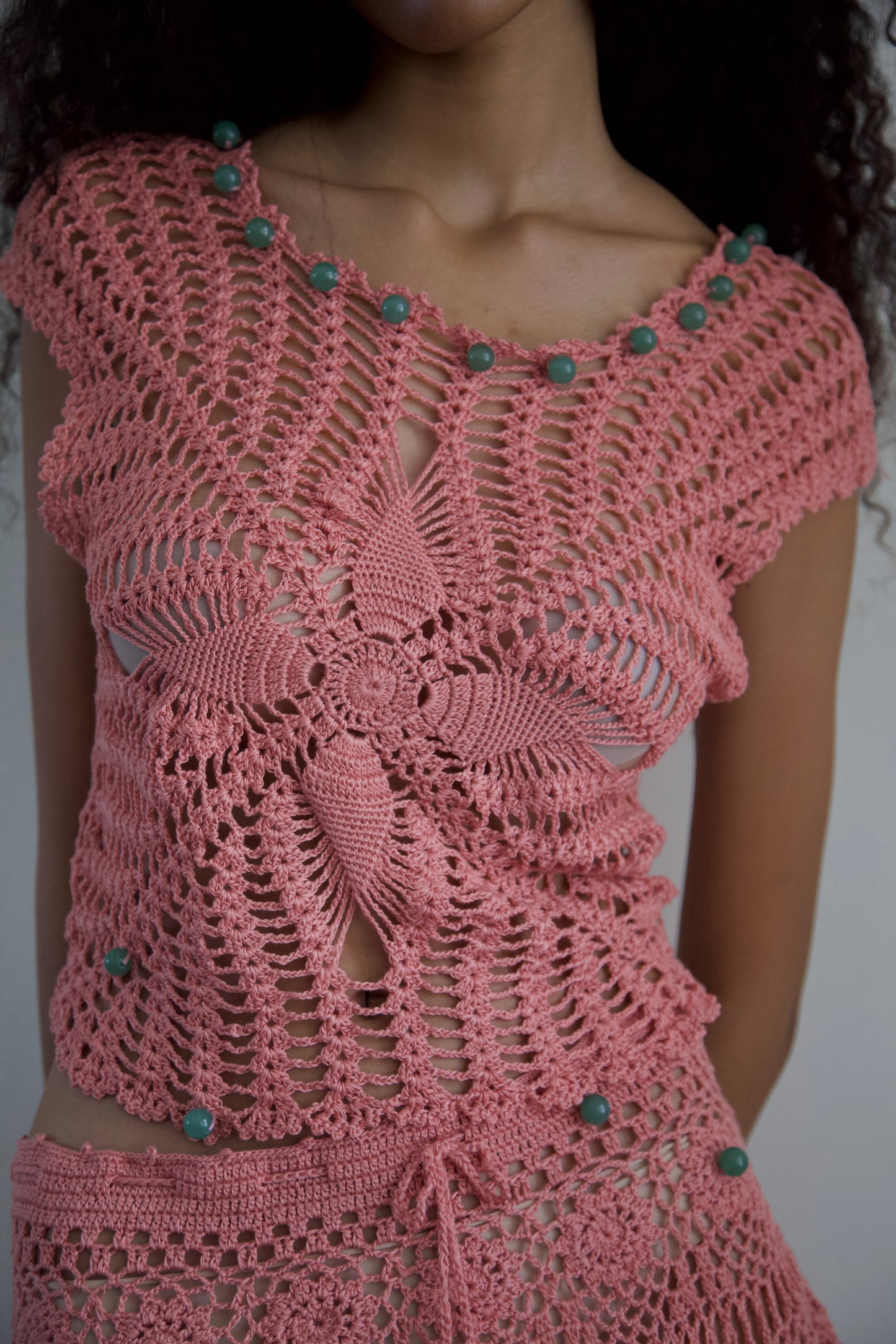 Debris Stone Beaded Hand-Crochet Cotton Skirt / Tee Separates (4 colorways)