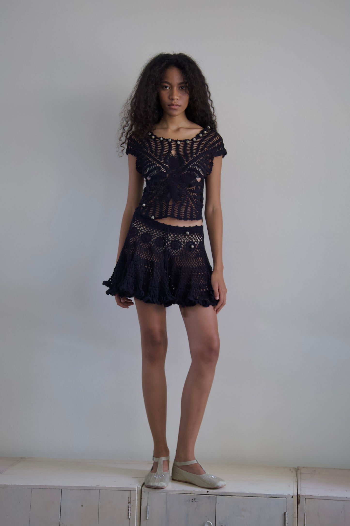 Debris Stone Beaded Hand-Crochet Cotton Skirt / Tee Separates (4 colorways)