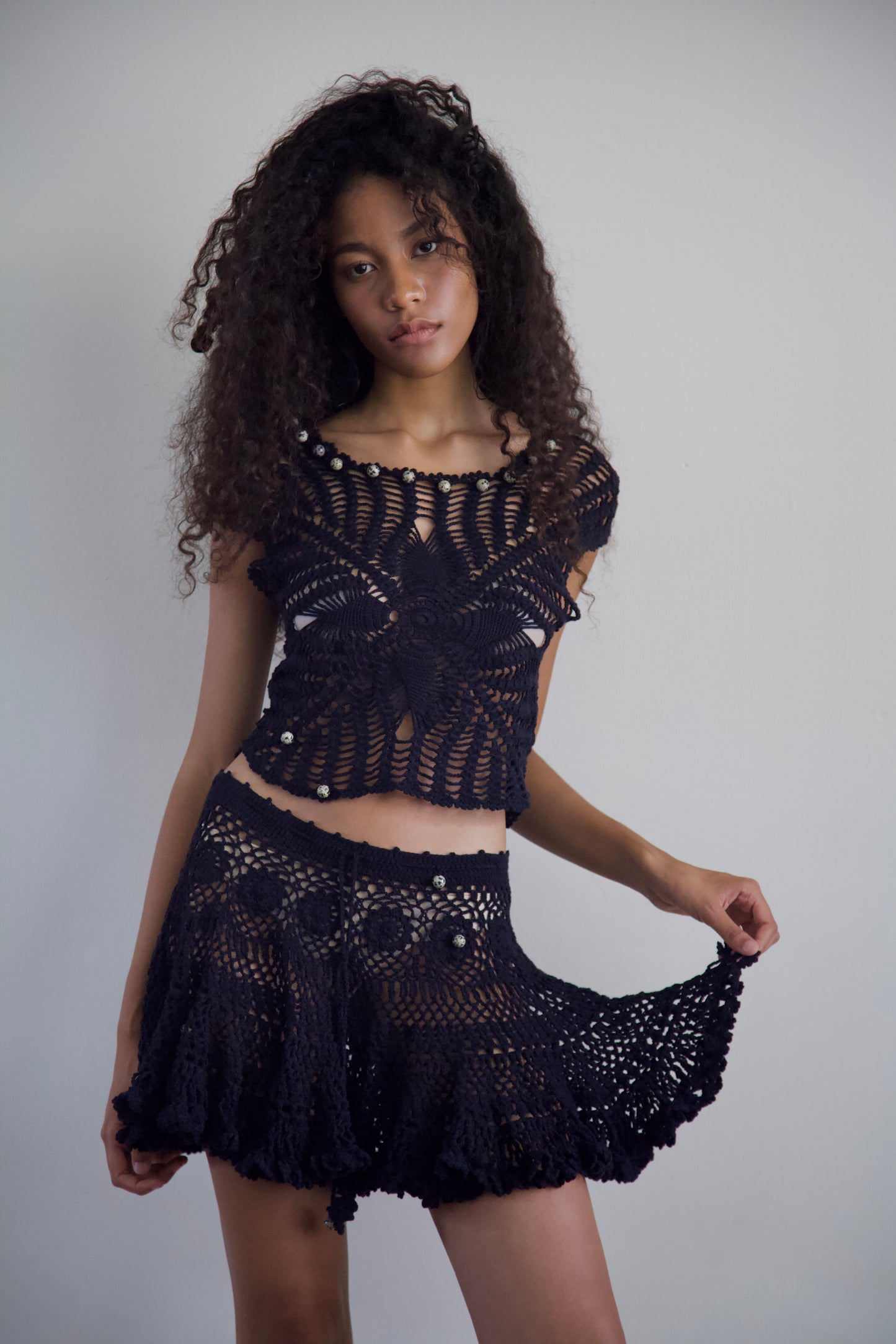 Debris Stone Beaded Hand-Crochet Cotton Skirt / Tee Separates (4 colorways)