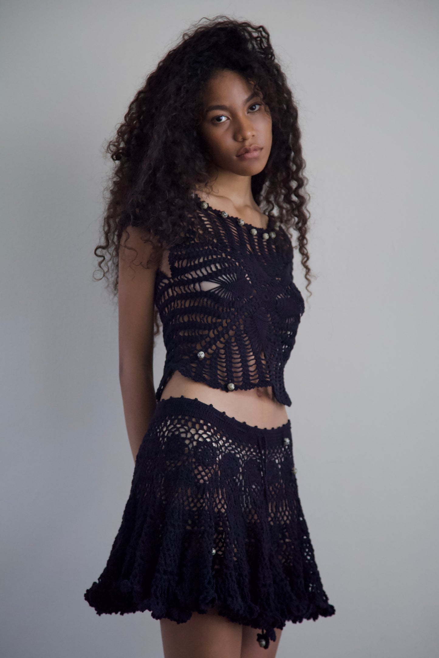 Debris Stone Beaded Hand-Crochet Cotton Skirt / Tee Separates (4 colorways)