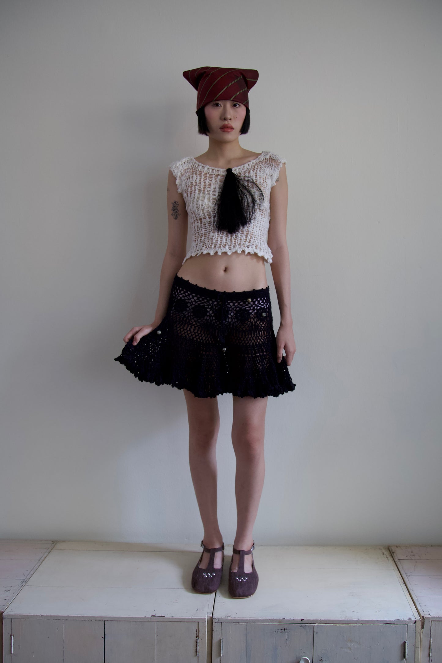 Debris Stone Beaded Hand-Crochet Cotton Skirt / Tee Separates (4 colorways)