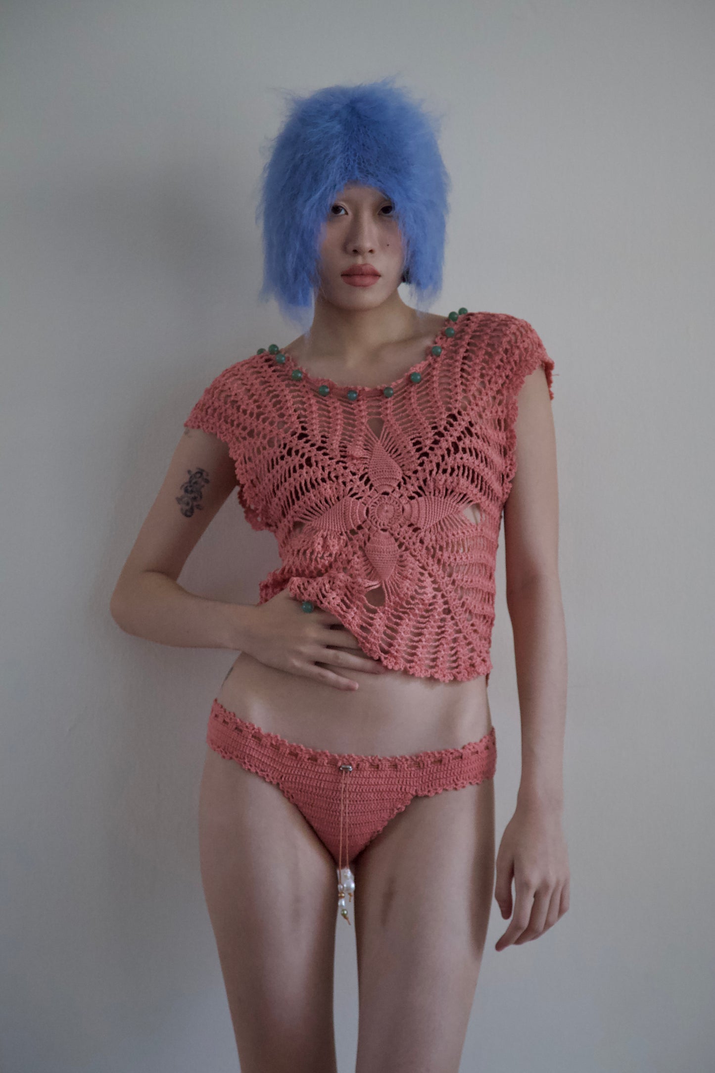 Debris Stone Beaded Hand-Crochet Cotton Skirt / Tee Separates (4 colorways)