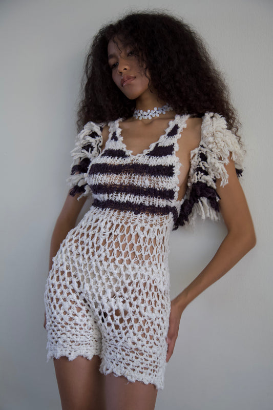 Debris Crochet Hand-Spun Thai Silk Jumpsuit Shag Shrug Set (one-of-a-kind)