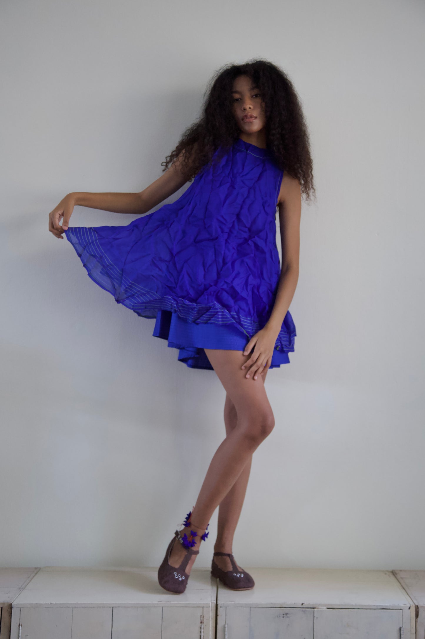 'Opacity' Crumpled Glass Silk + Handwoven Thai Silk Two Piece Tent Dress Set (7 colorways)