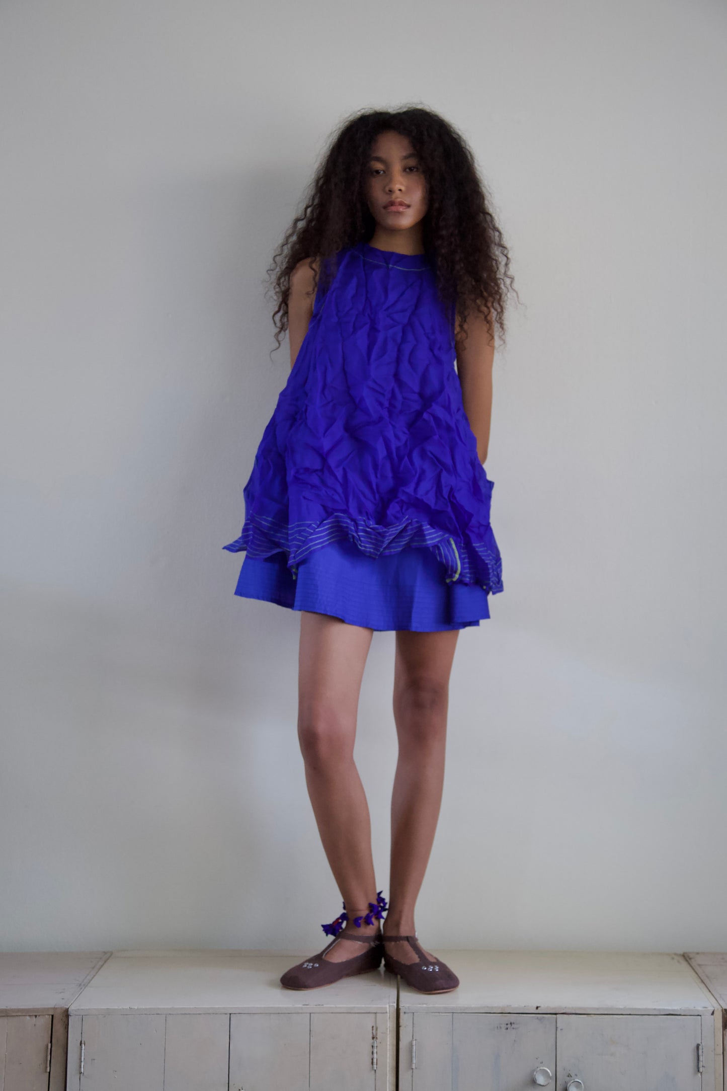 'Opacity' Crumpled Glass Silk + Handwoven Thai Silk Two Piece Tent Dress Set (7 colorways)