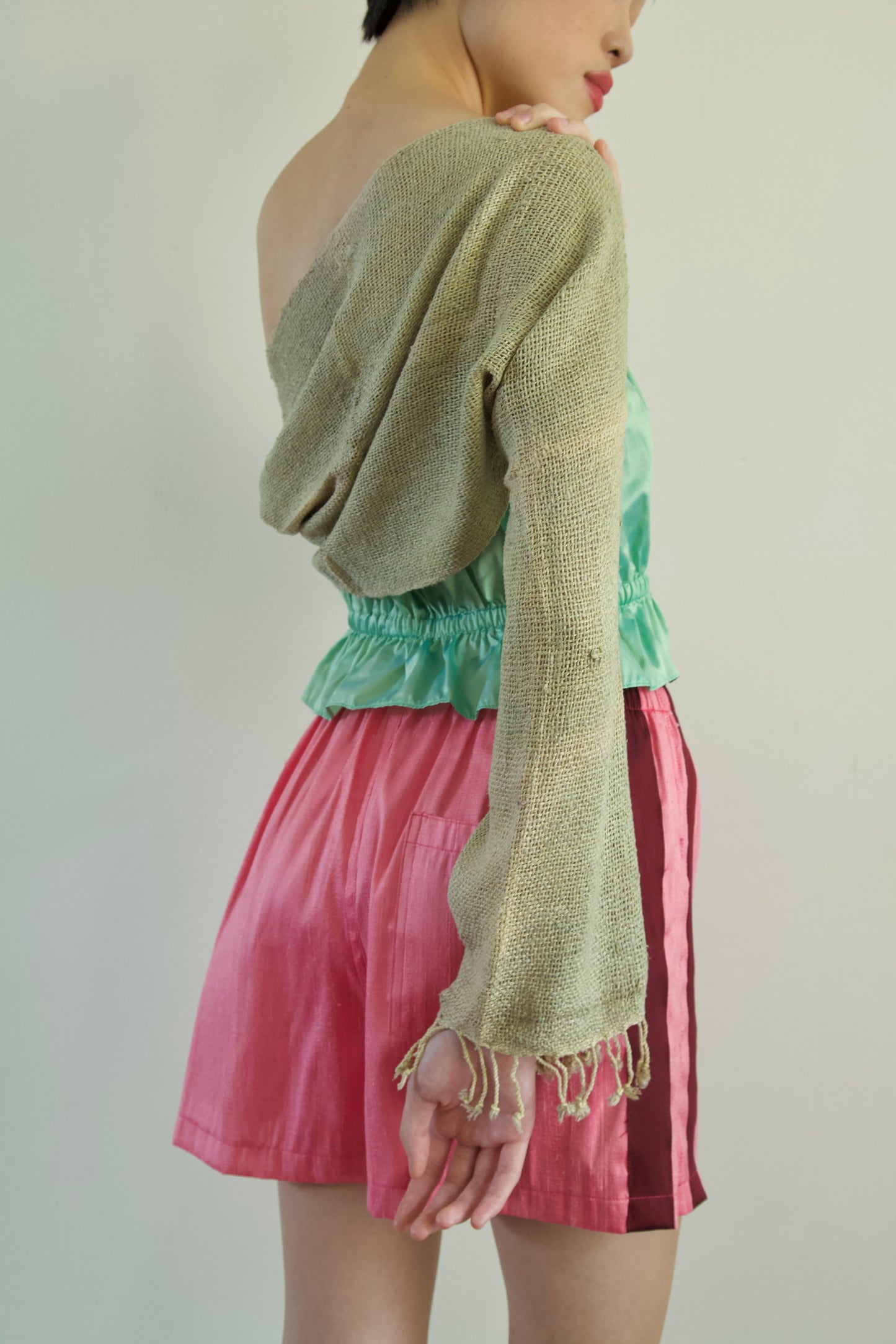 Handwoven Thai Silk-Cotton Fringe Cuff Pieced Scarf Sleeves Shrug (new colors)