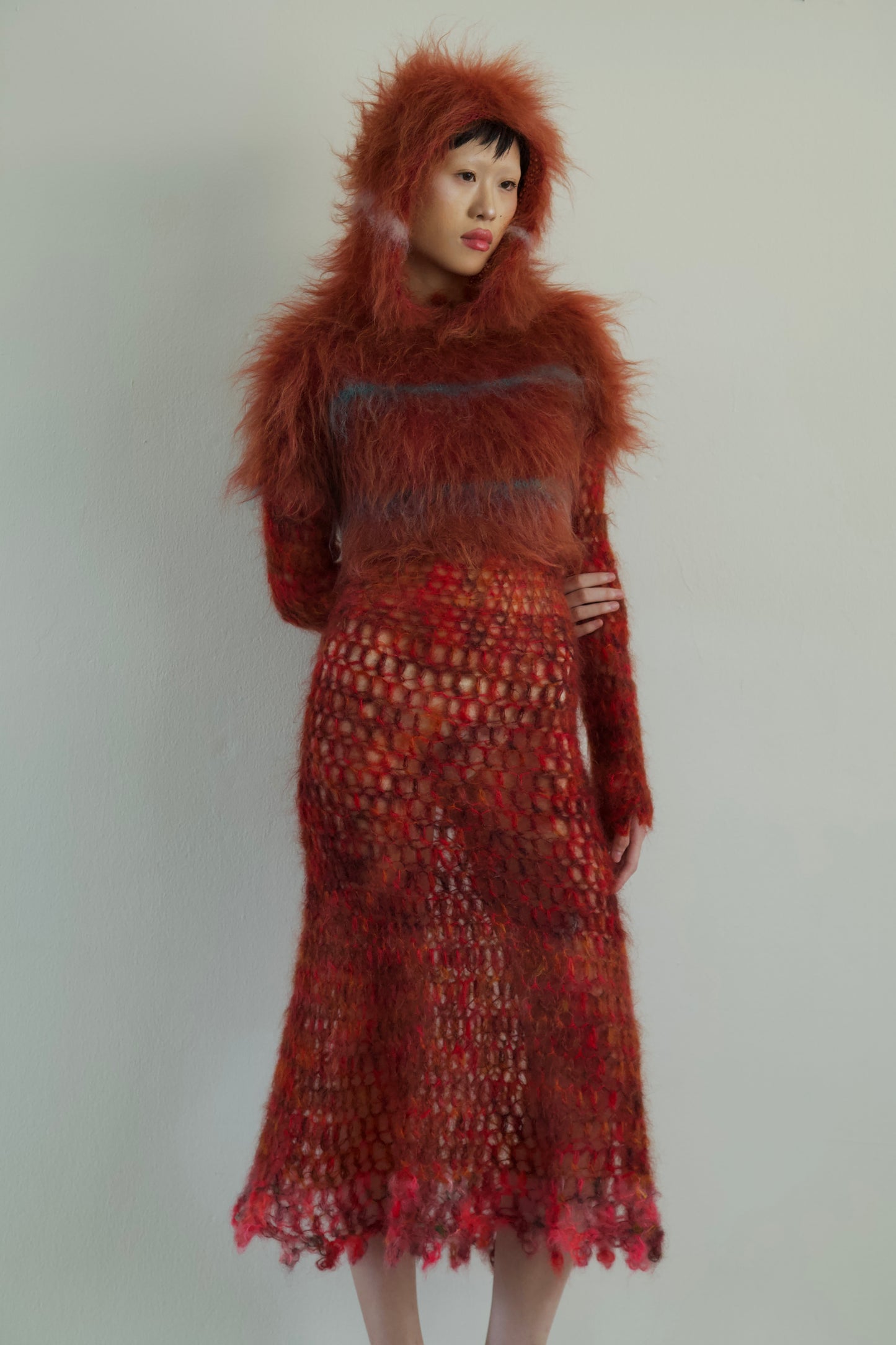 Original Blur Hand-Crocheted Brushed Mohair Net Dress Flower Belt Set (one-of-a-kind)