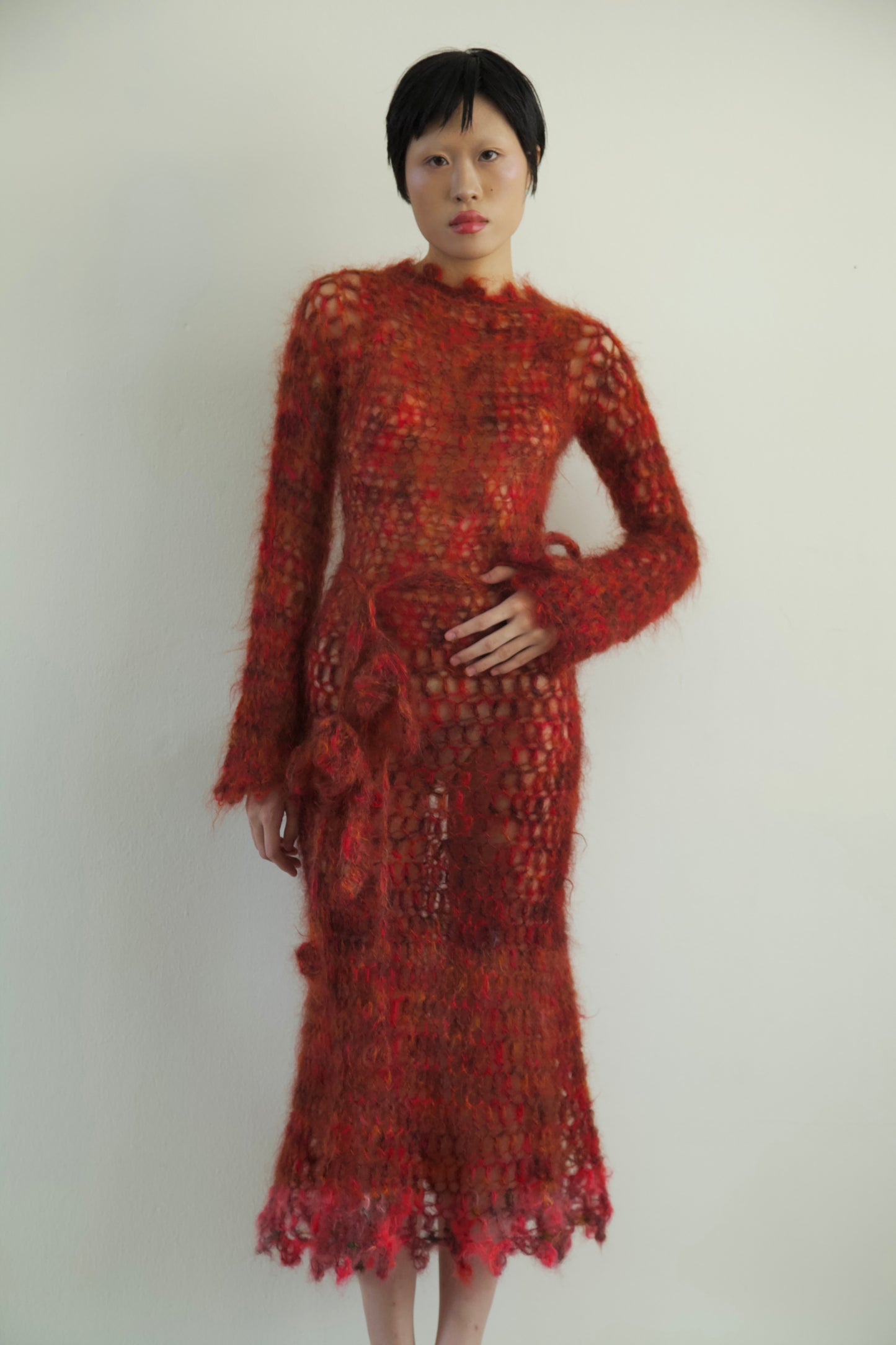 Original Blur Hand-Crocheted Brushed Mohair Net Dress Flower Belt Set (one-of-a-kind)