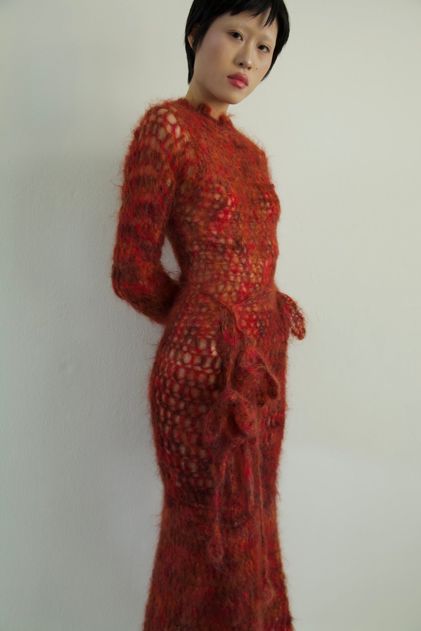 Original Blur Hand-Crocheted Brushed Mohair Net Dress Flower Belt Set (one-of-a-kind)