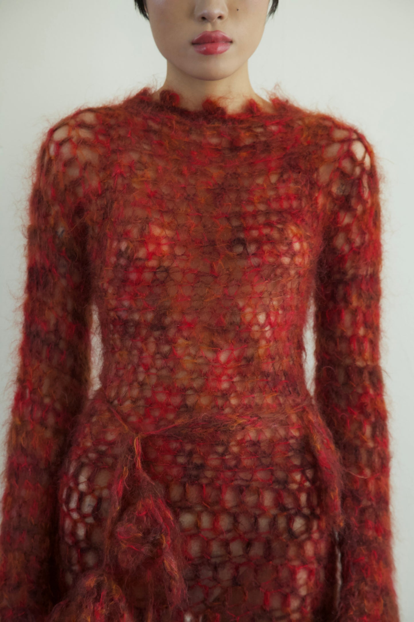 Original Blur Hand-Crocheted Brushed Mohair Net Dress Flower Belt Set (one-of-a-kind)