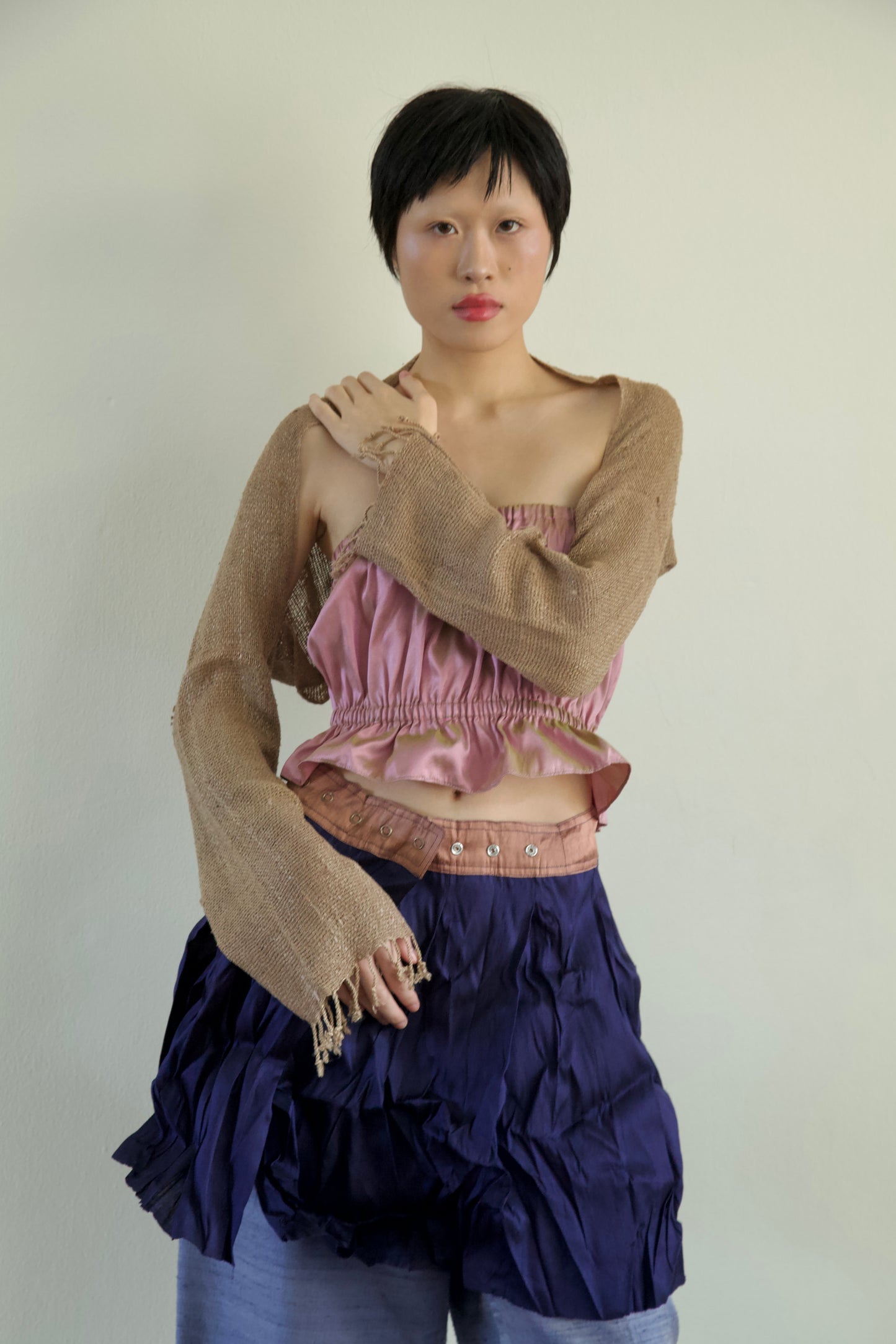 Handwoven Thai Silk-Cotton Fringe Cuff Pieced Scarf Sleeves Shrug (new colors)
