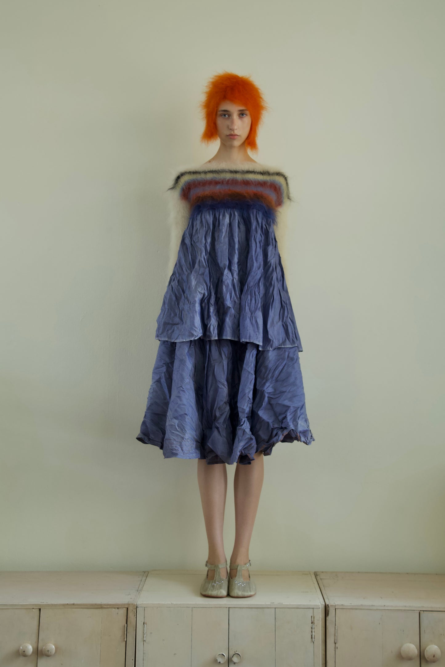 Blur Brushed Mohair Jumper Raw Thai Silk Babydoll Top (denim)