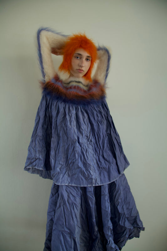 Blur Brushed Mohair Jumper Raw Thai Silk Babydoll Top (denim)