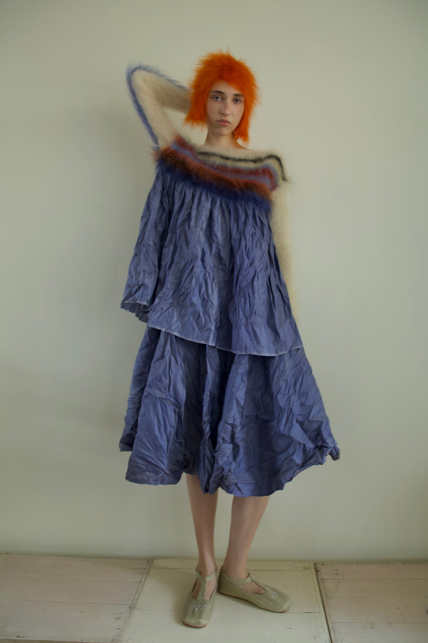 Blur Brushed Mohair Jumper Raw Thai Silk Babydoll Top (denim)