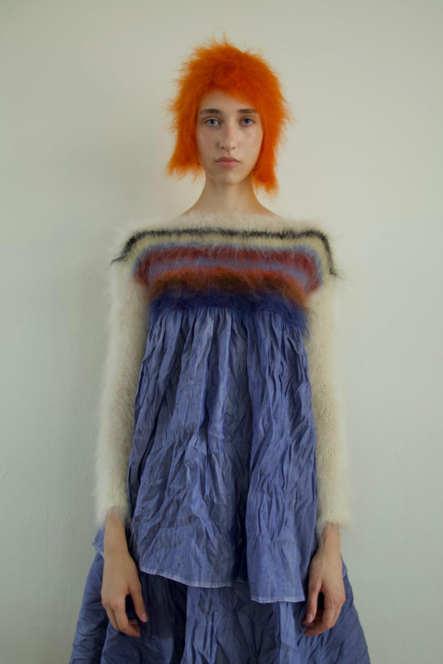Blur Brushed Mohair Jumper Raw Thai Silk Babydoll Top (denim)