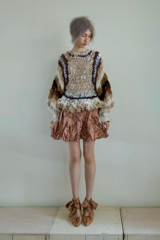 Debris Pearl Encrusted Fiber Art Crocheted Hand-Spun Alpaca Balloon Sleeve Jumper