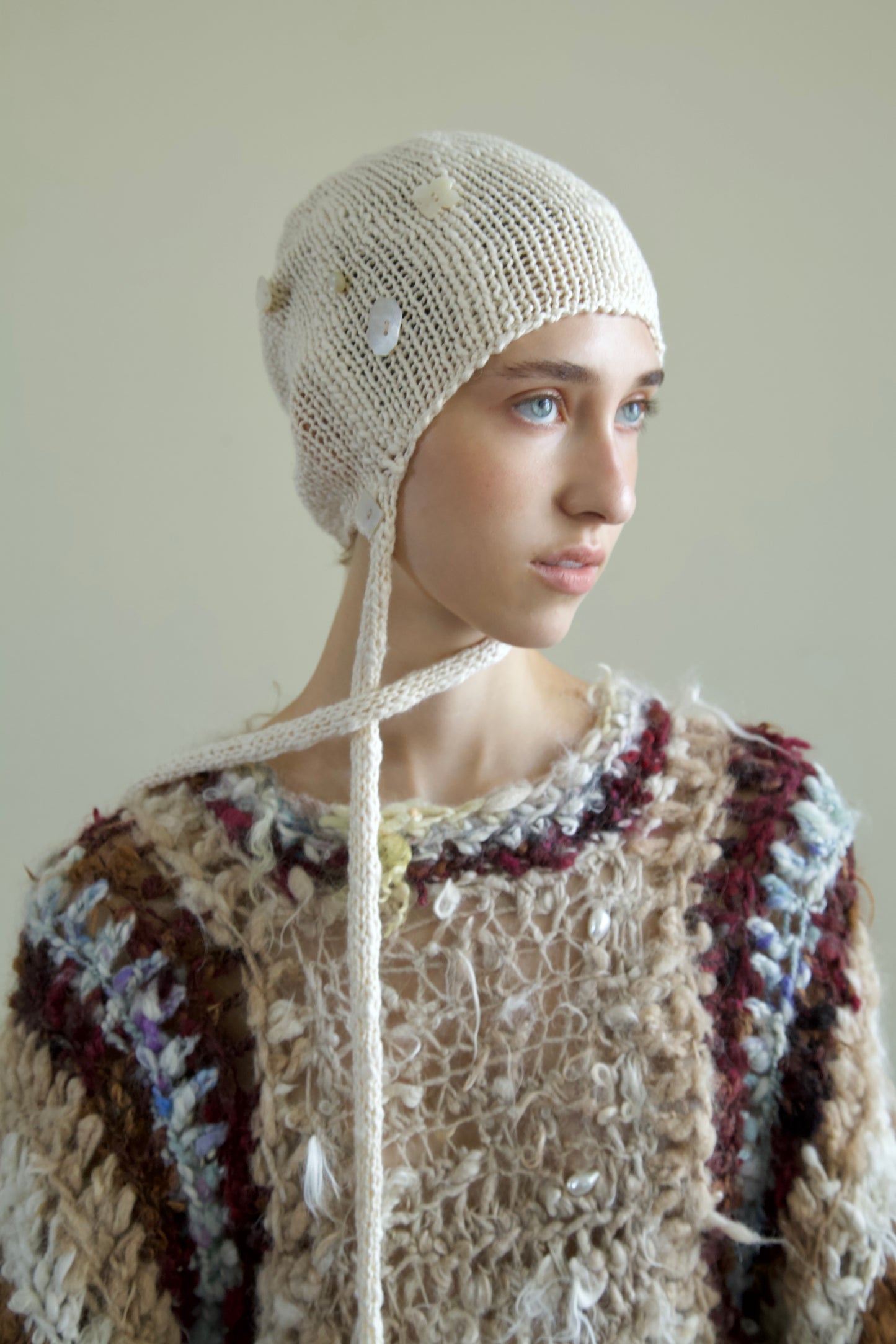 Debris 'I Spy' Organic Cotton Pearly Buttons and Beaded Knit Bonnet