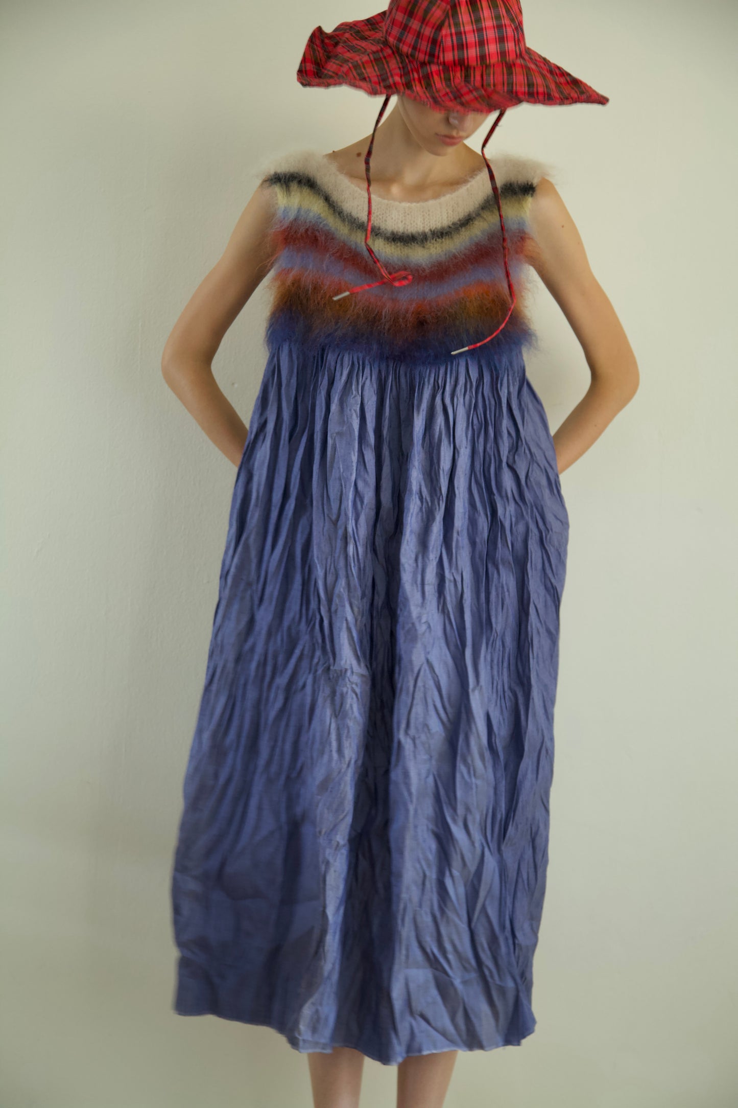 Blur Brushed Mohair Pinafore Raw Thai Silk Babydoll Dress (denim)