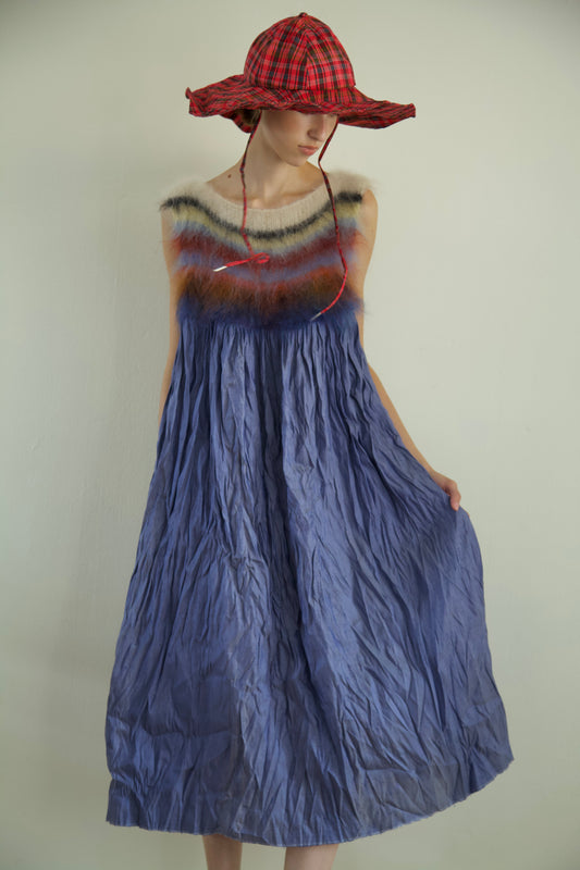 Blur Brushed Mohair Pinafore Raw Thai Silk Babydoll Dress (denim)