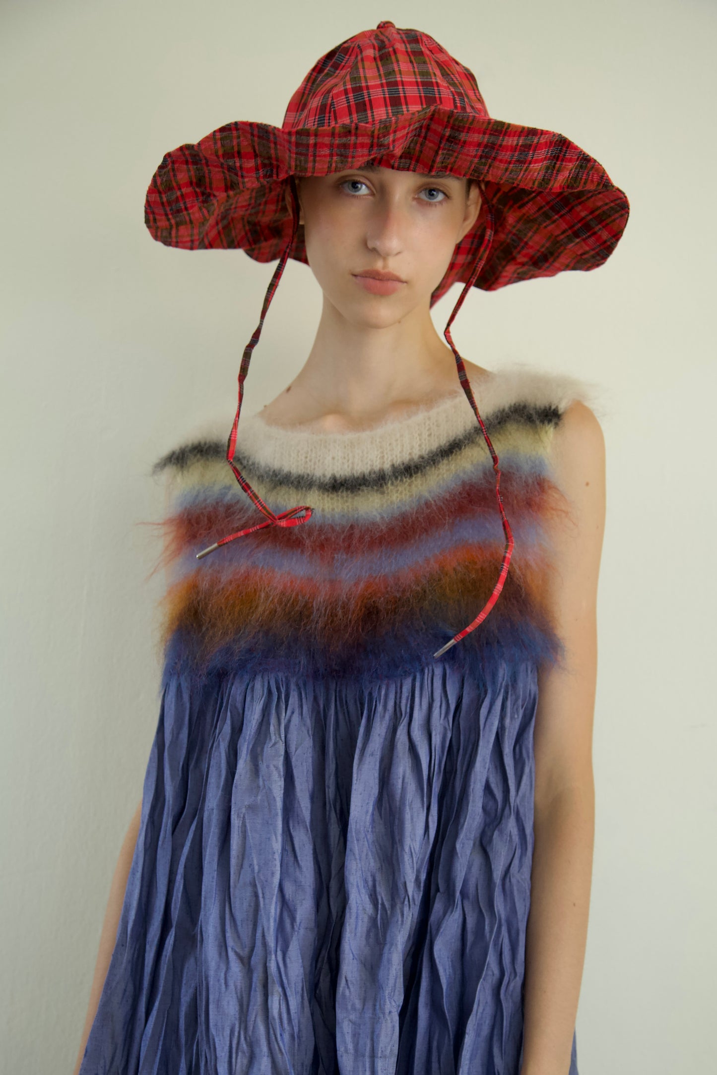 Blur Brushed Mohair Pinafore Raw Thai Silk Babydoll Dress (denim)