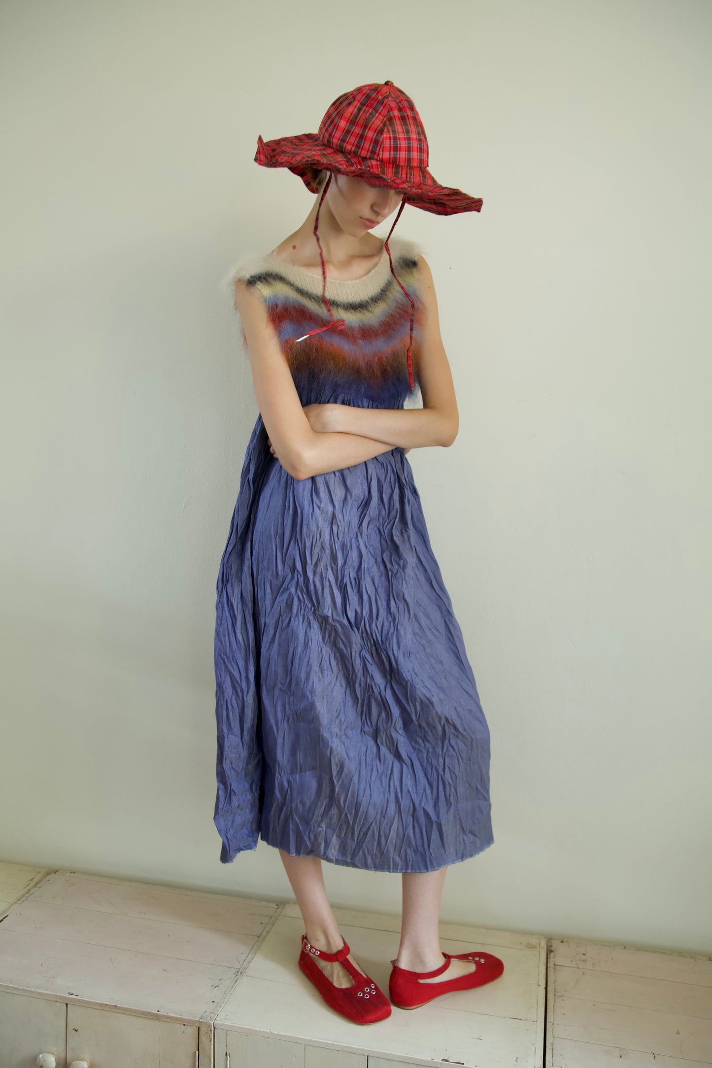 Blur Brushed Mohair Pinafore Raw Thai Silk Babydoll Dress (denim)