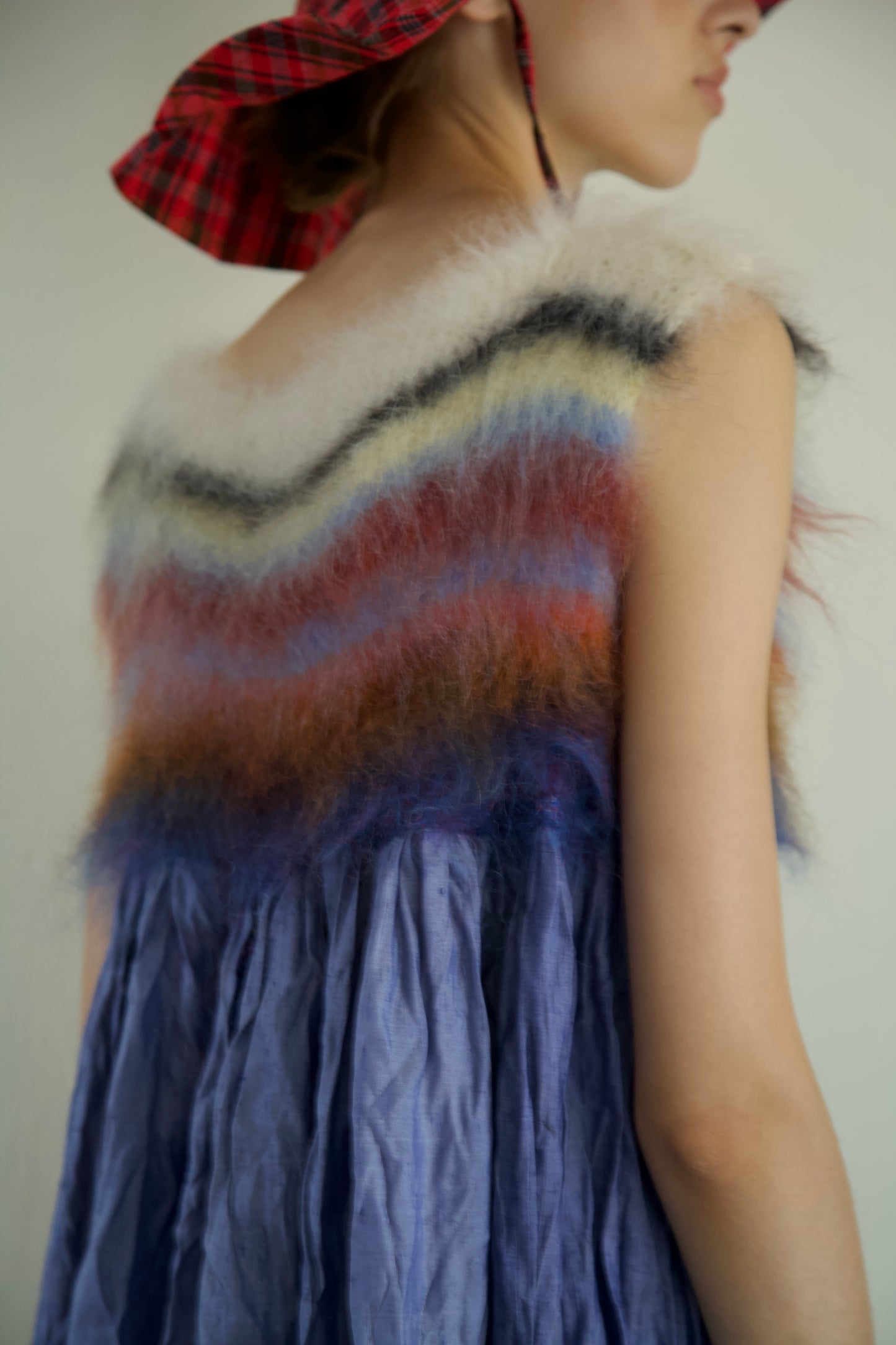 Blur Brushed Mohair Pinafore Raw Thai Silk Babydoll Dress (denim)