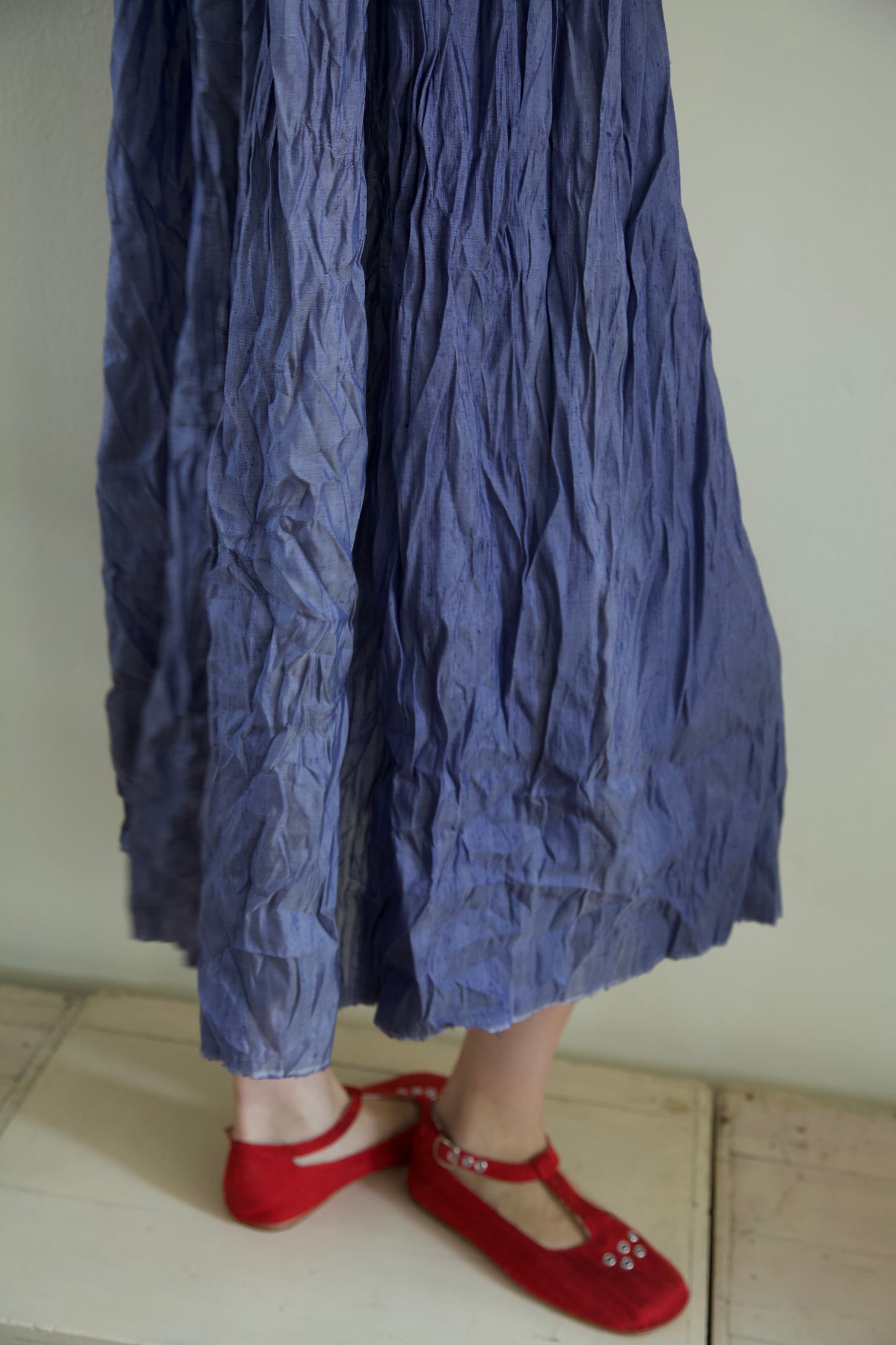 Blur Brushed Mohair Pinafore Raw Thai Silk Babydoll Dress (denim)