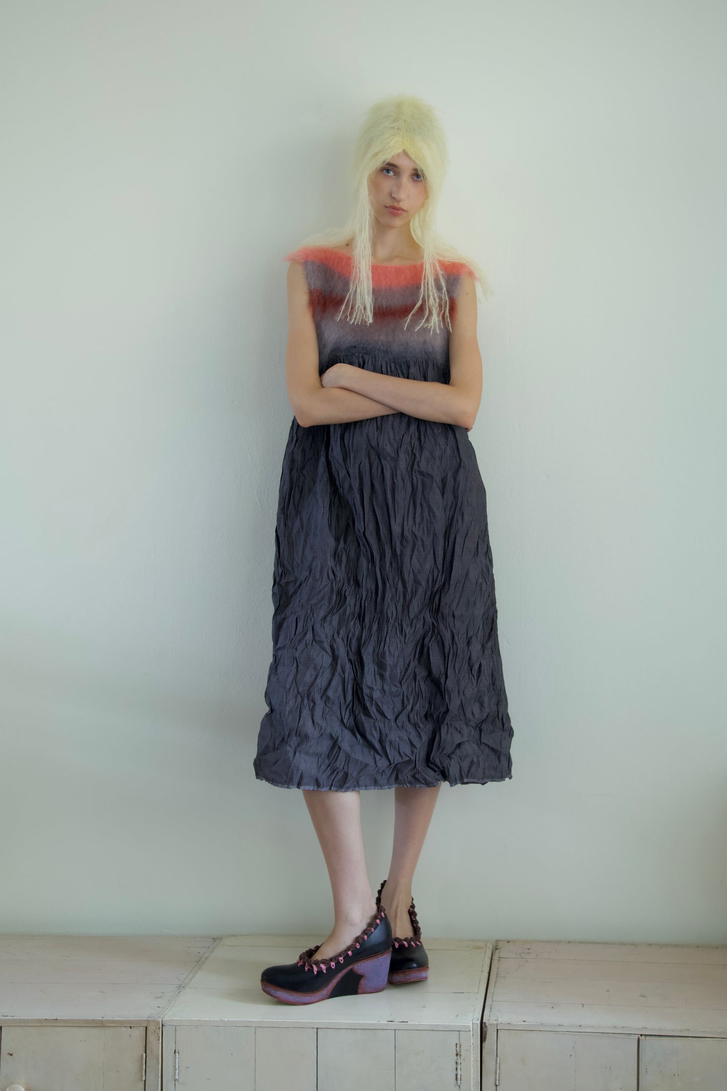 Blur Brushed Mohair Pinafore Raw Thai Silk Babydoll Dress (asphalt)