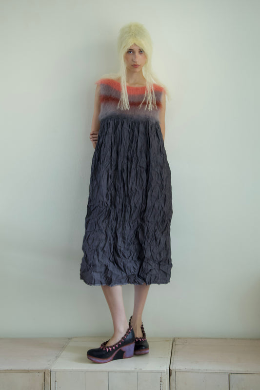 Blur Brushed Mohair Pinafore Raw Thai Silk Babydoll Dress (asphalt)