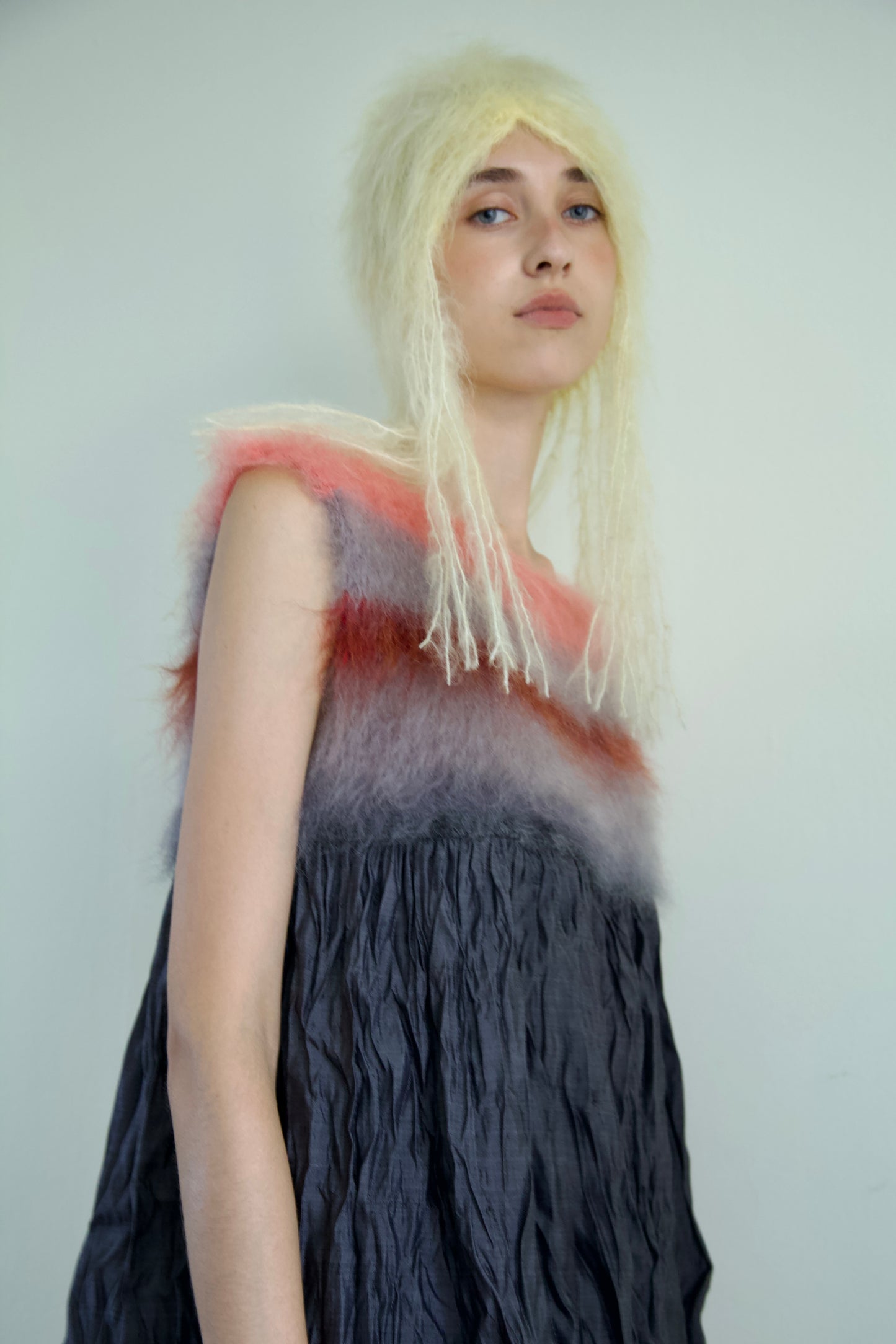 Blur Brushed Mohair Pinafore Raw Thai Silk Babydoll Dress (asphalt)