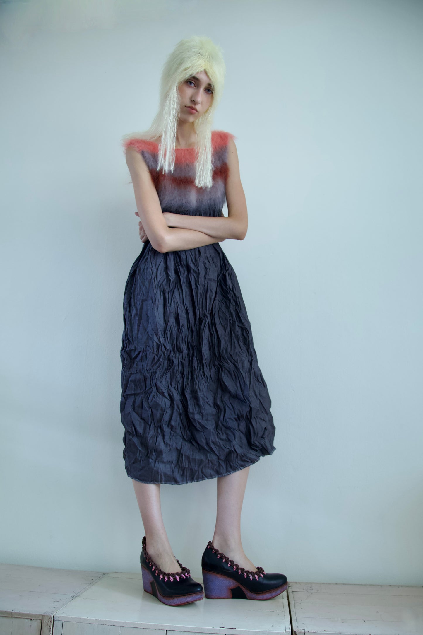 Blur Brushed Mohair Pinafore Raw Thai Silk Babydoll Dress (asphalt)