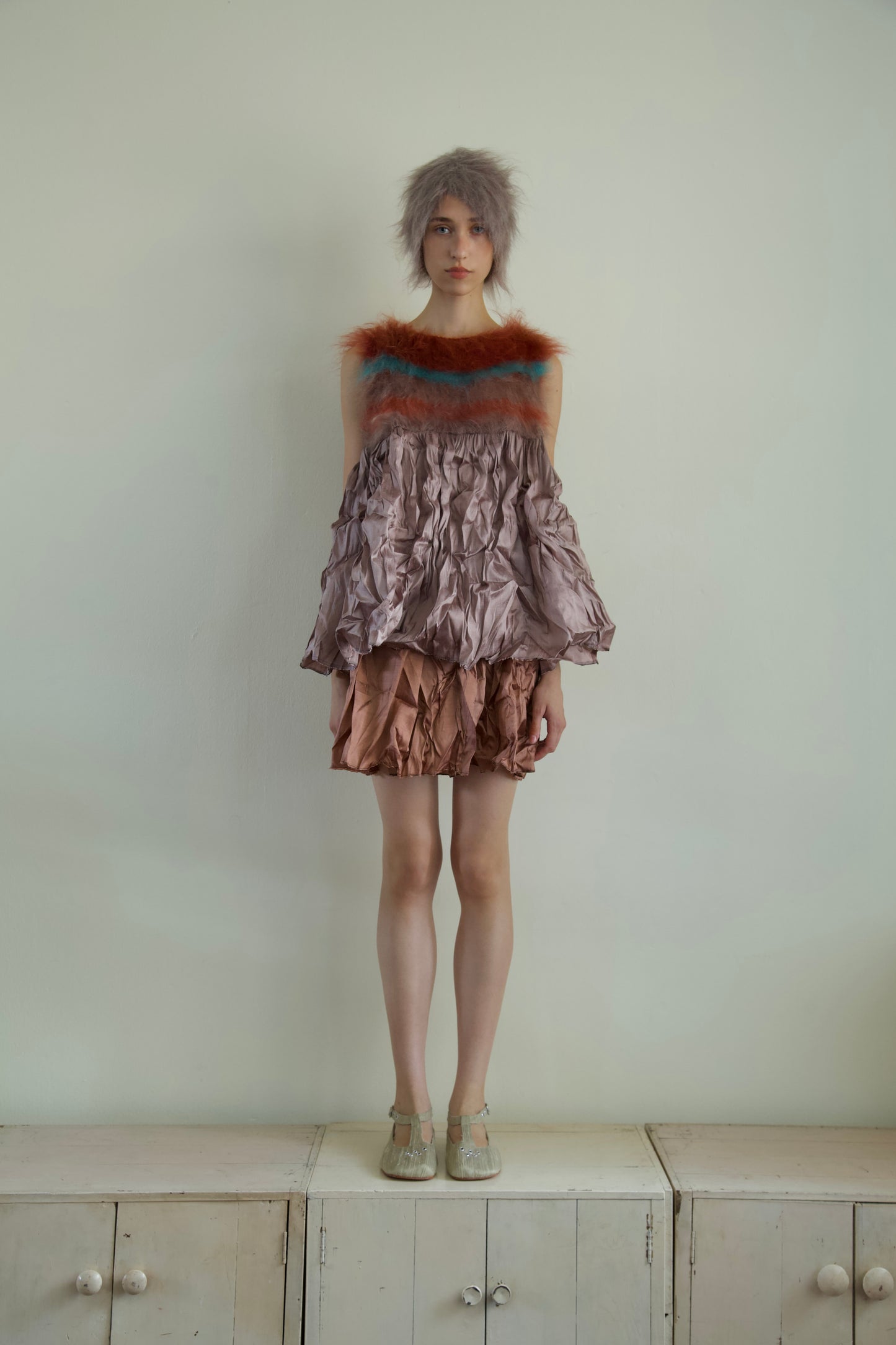 Blur Brushed Mohair Pinafore Raw Thai Silk Babydoll Top (metallic mauve)