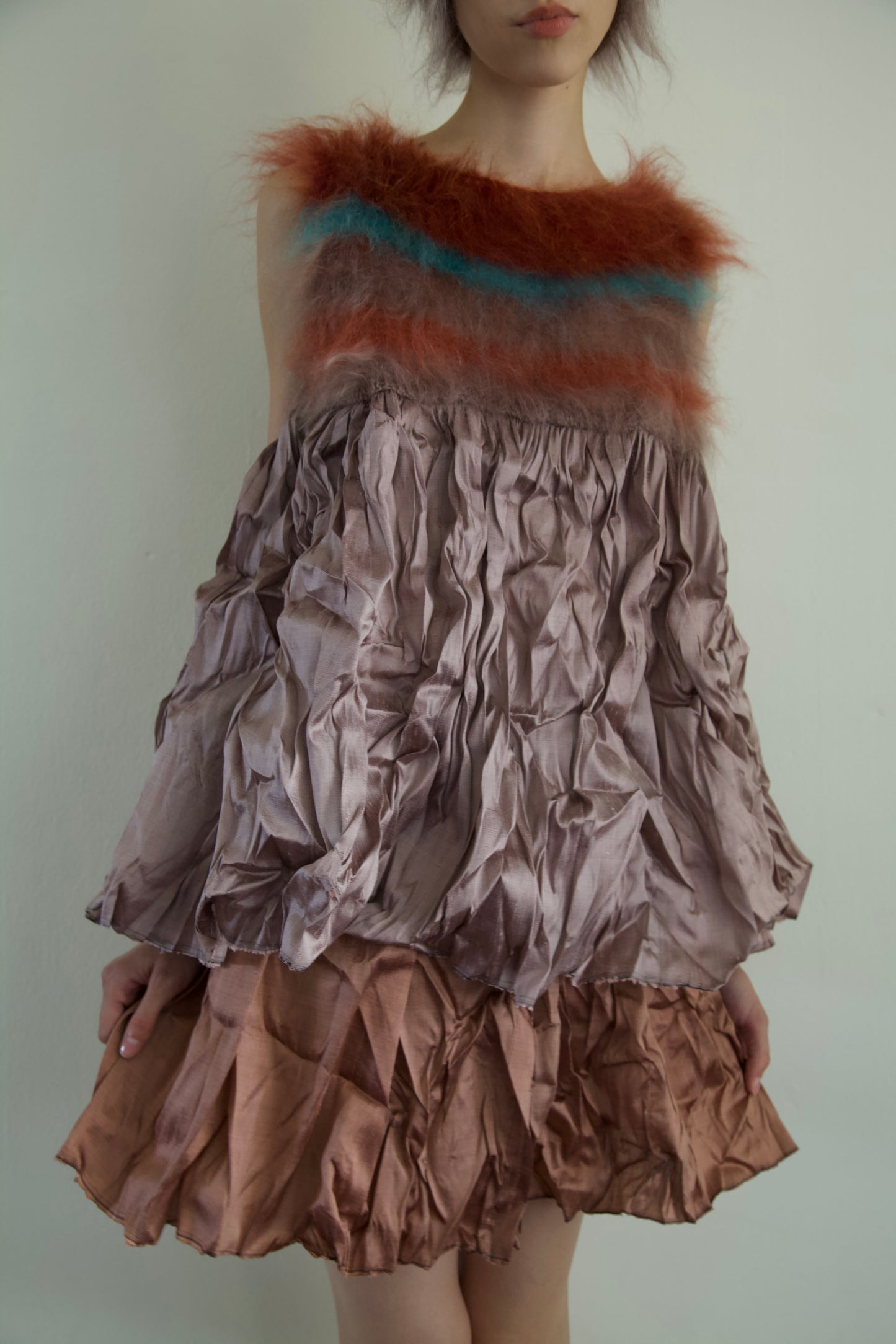 Blur Brushed Mohair Pinafore Raw Thai Silk Babydoll Top (metallic mauve)